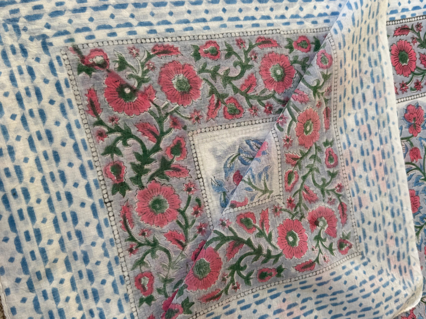 'Pink & Blue Fauna' Hand Block Printed Sarong