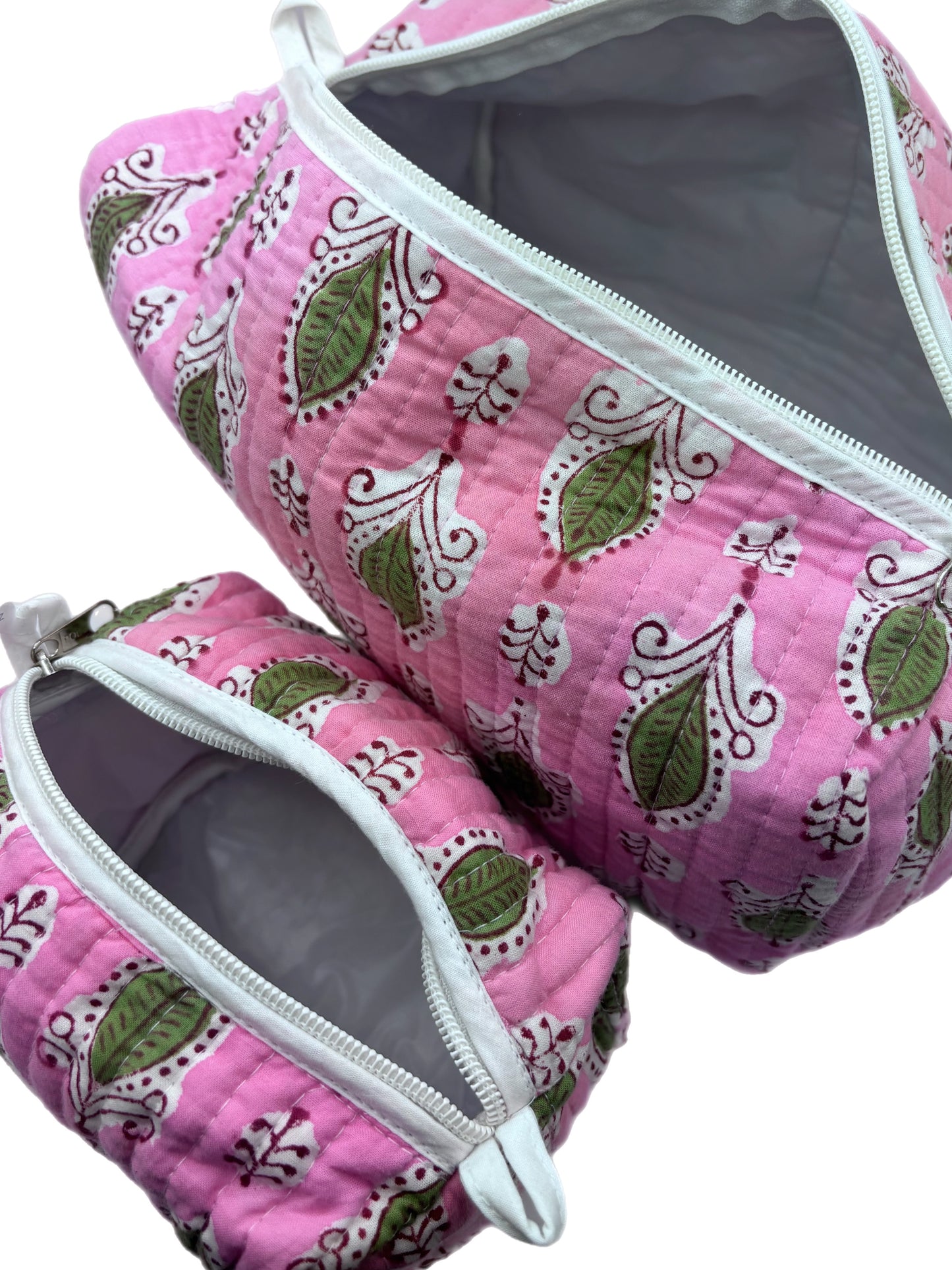 'Pink and Green Foliage' Block Printed Sponge Bag/Washbag