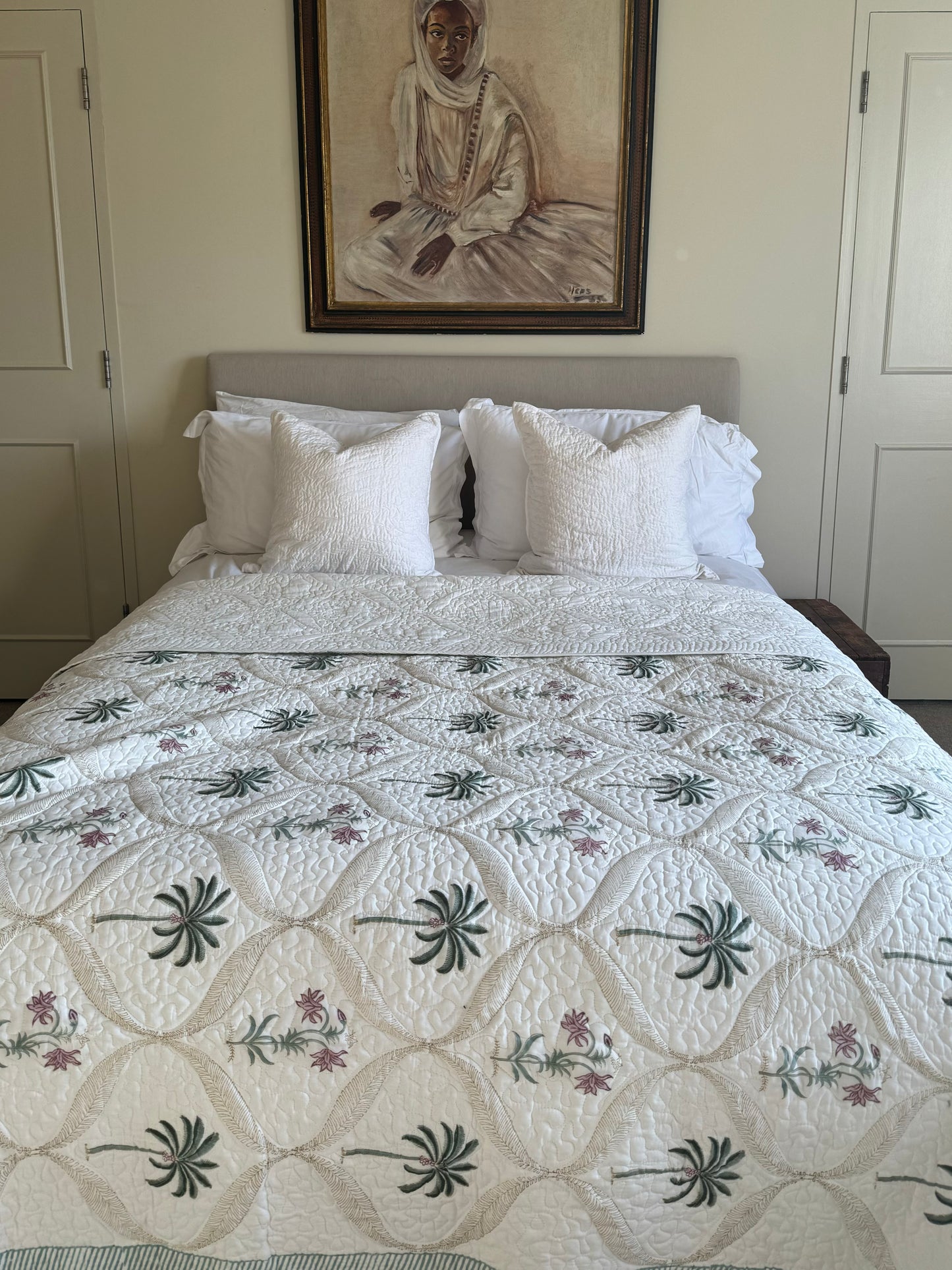 Palm Tree and Foliage Hand Block-Printed Bedspread