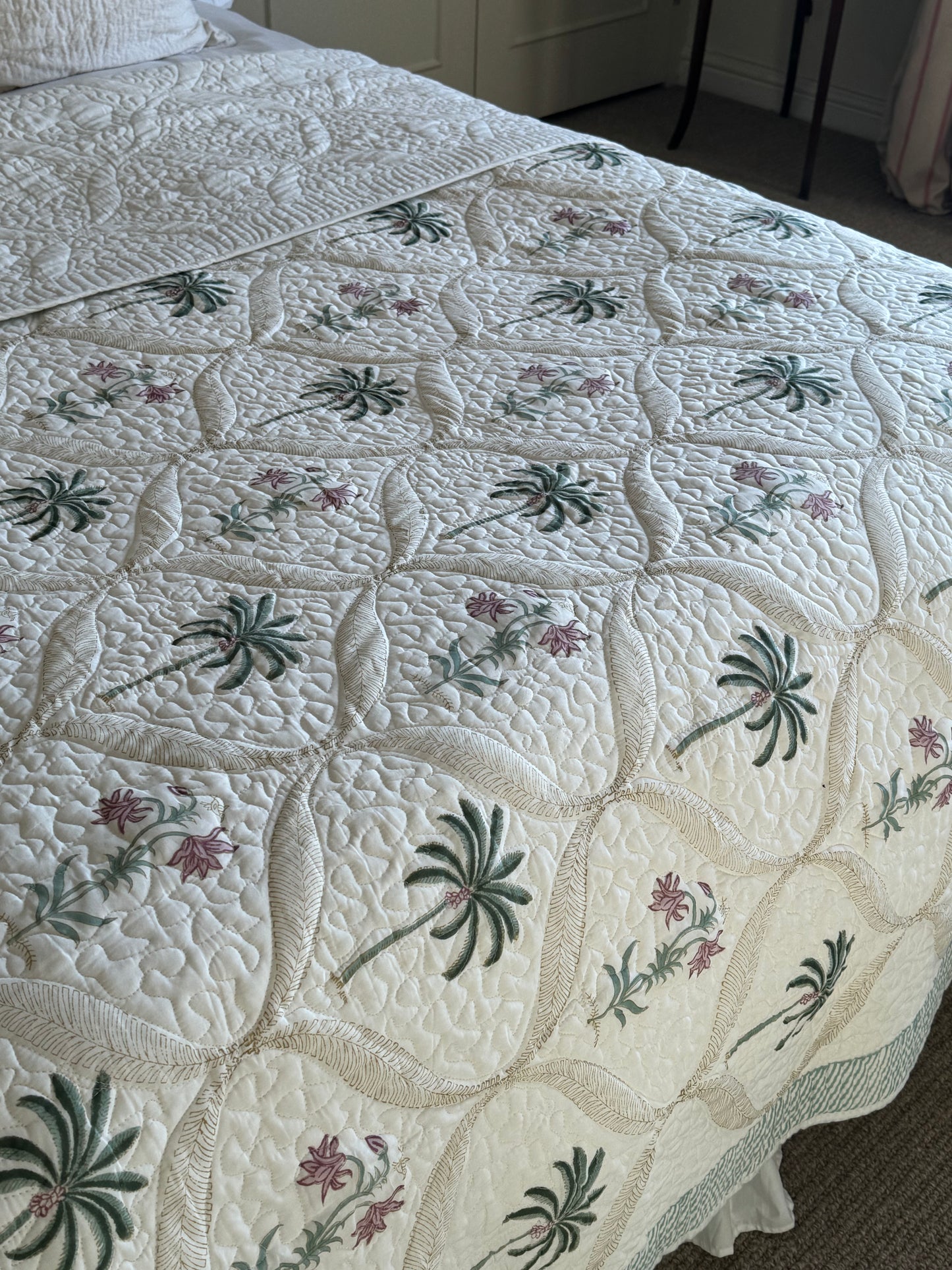 Palm Tree and Foliage Hand Block-Printed Bedspread