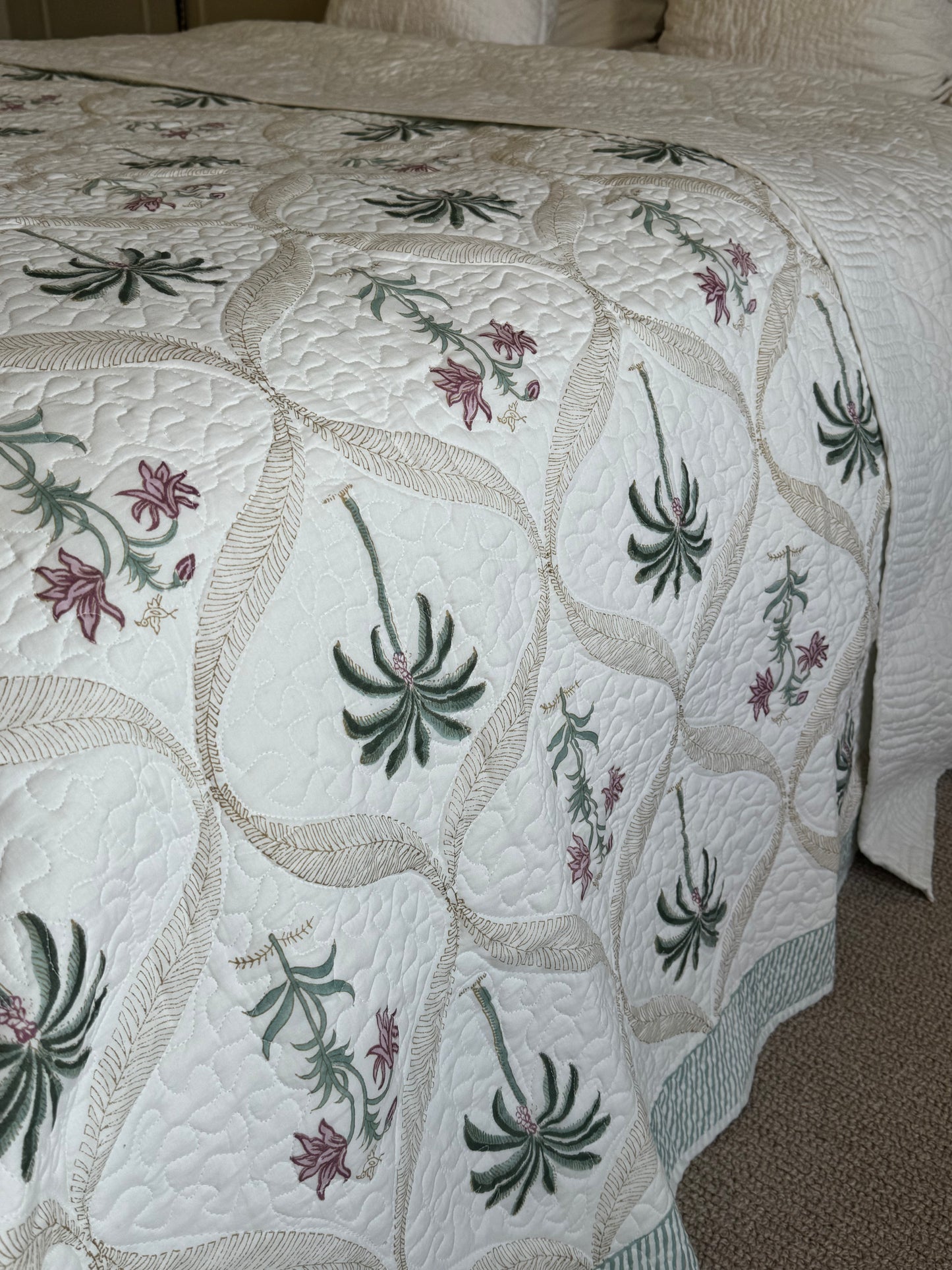 Palm Tree and Foliage Hand Block-Printed Bedspread