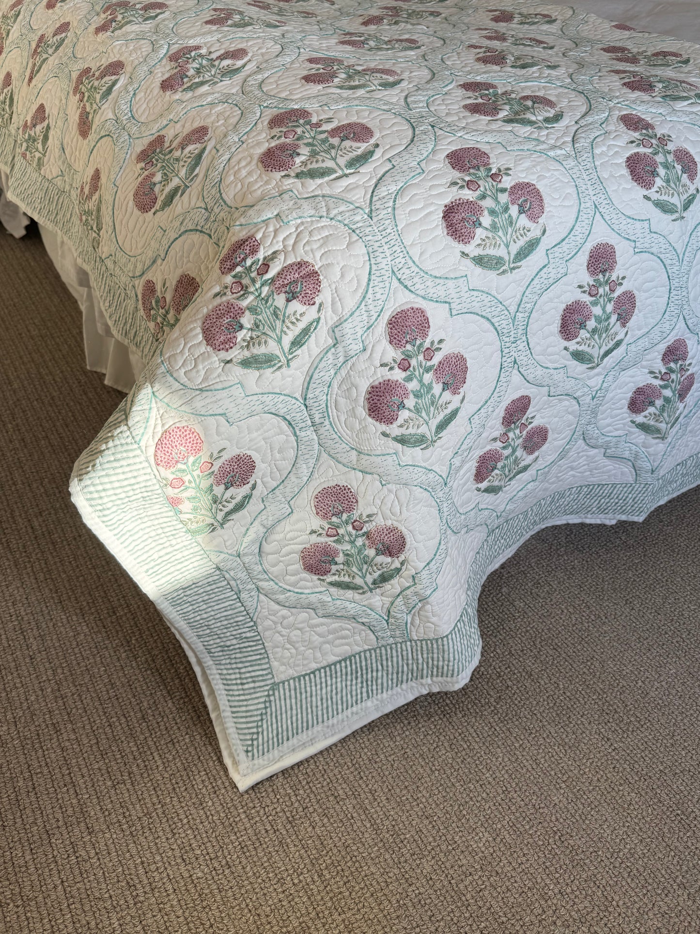 Pale Pink Foliage Hand Block-Printed Bedspread