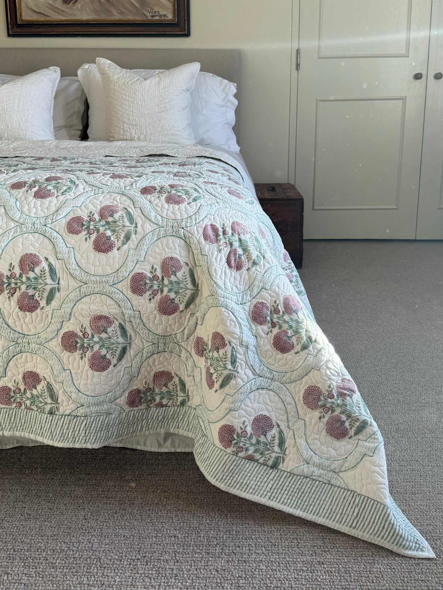 Pale Pink Foliage Hand Block-Printed Bedspread