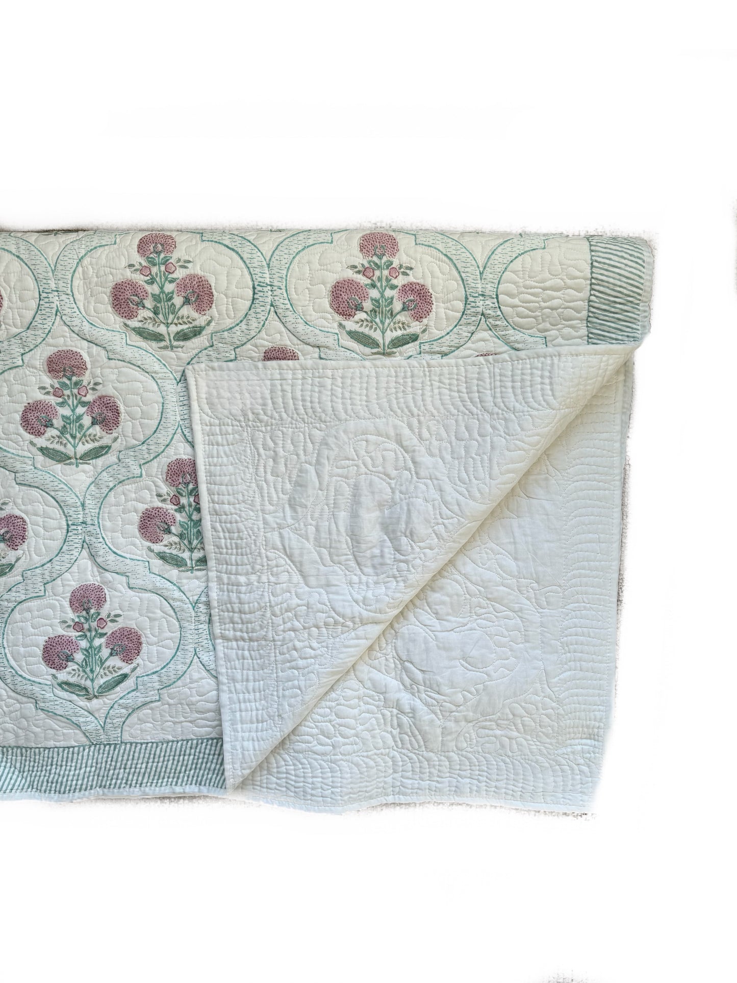 Pale Pink Foliage Hand Block-Printed Bedspread