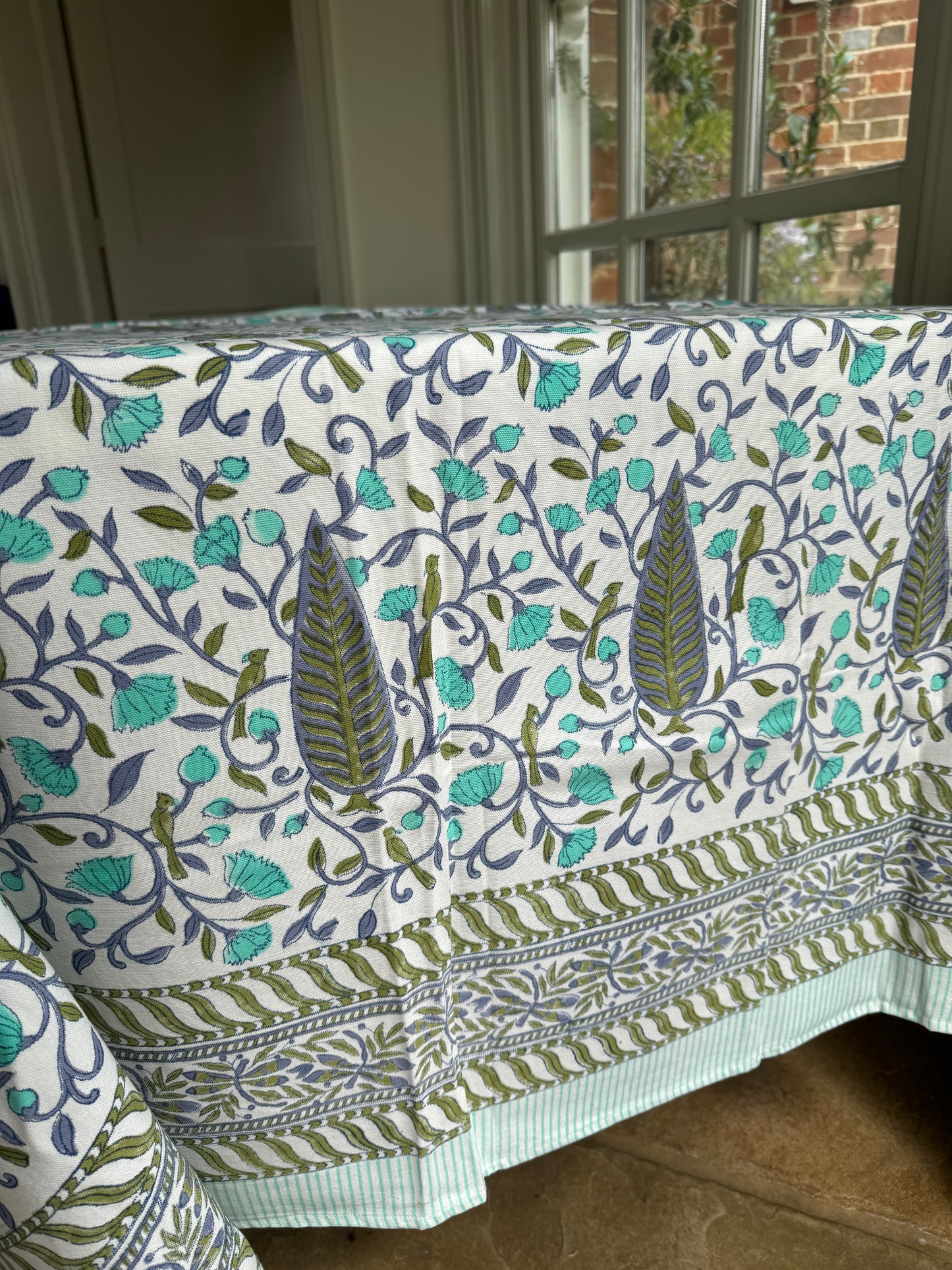 Bird & Foliage Hand Block Printed Tablecloth