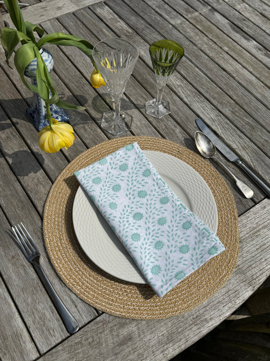 Green Trellis Block Print Napkins - Set of 4