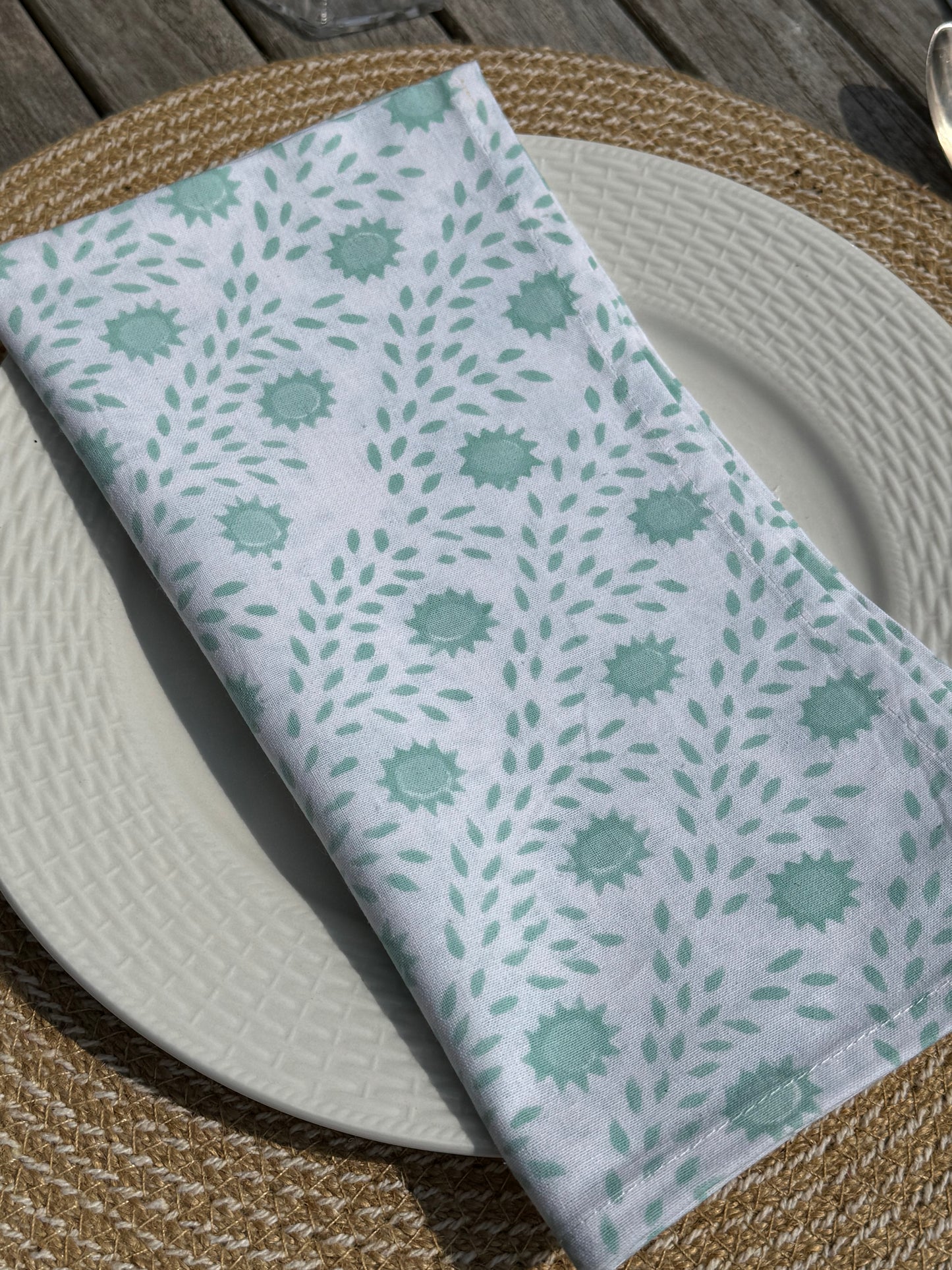Green Trellis Block Print Napkins - Set of 4