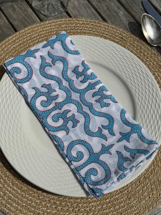 Blue Filigree Block Print Napkins - Set of 4