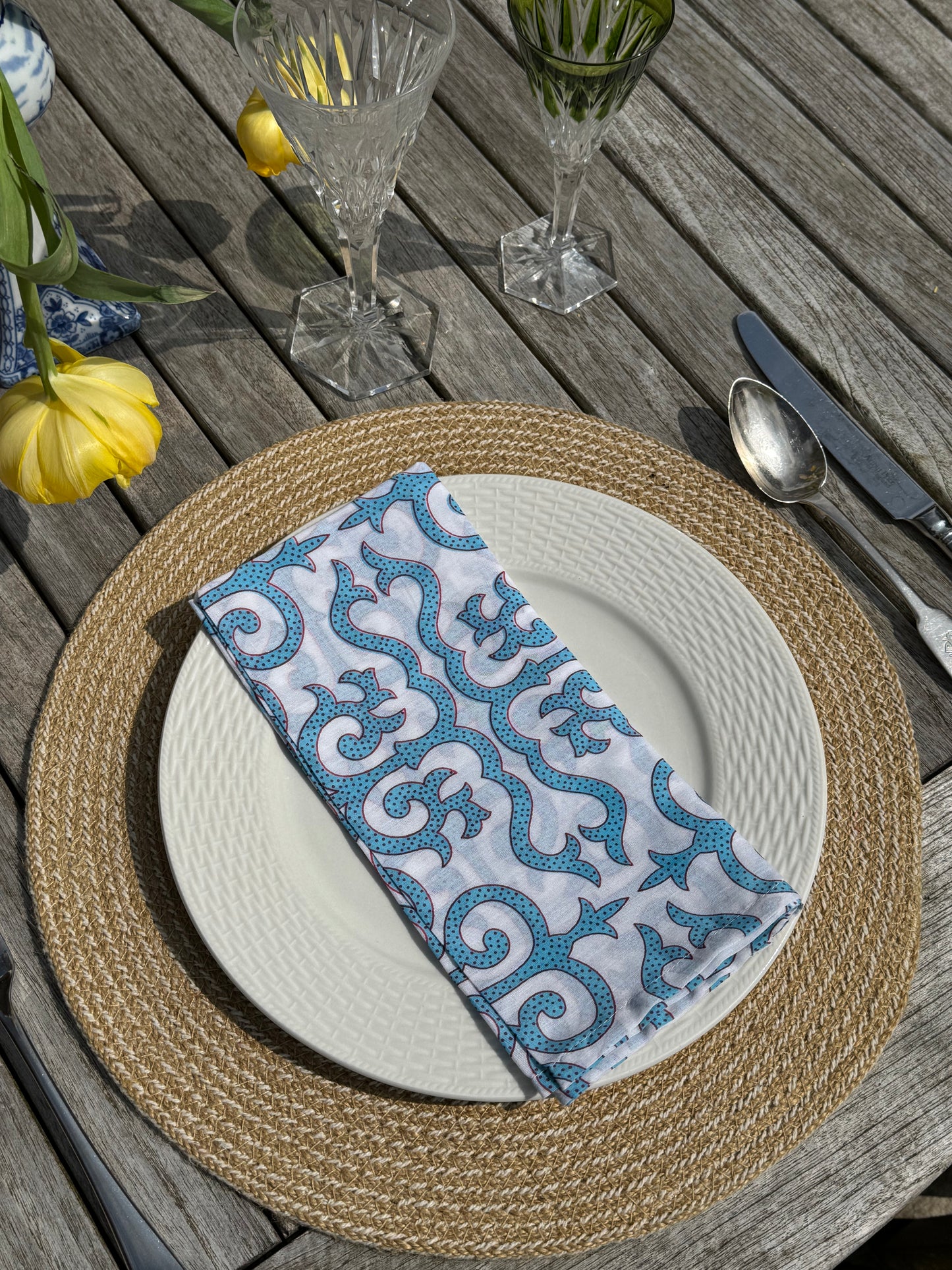Blue Filigree Block Print Napkins - Set of 4