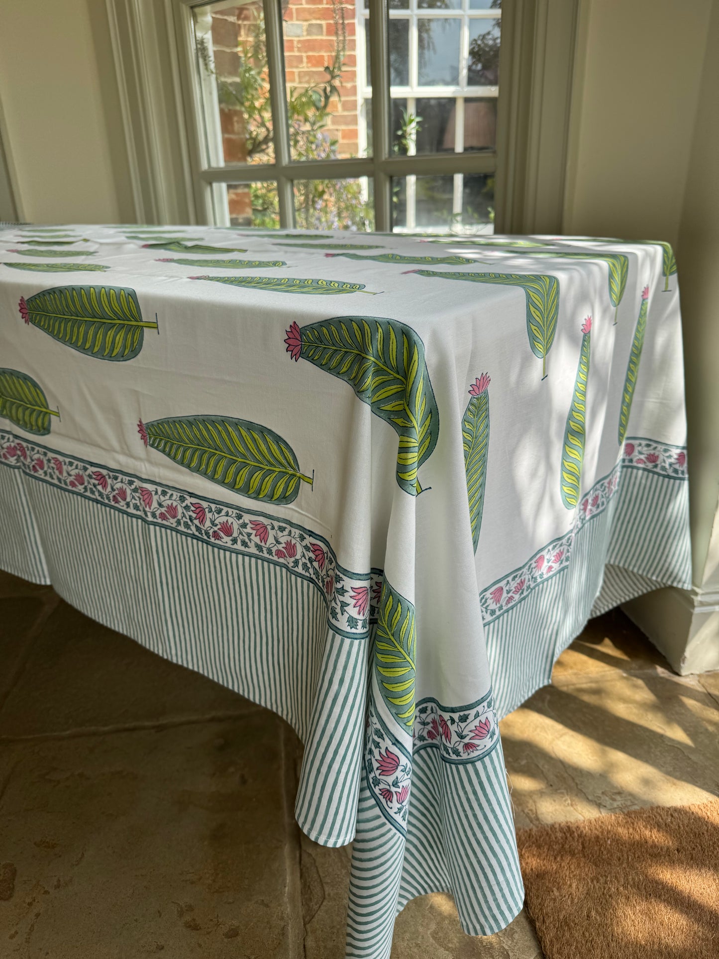 Pink & Green Cypress Tree Hand Block Printed Tablecloth