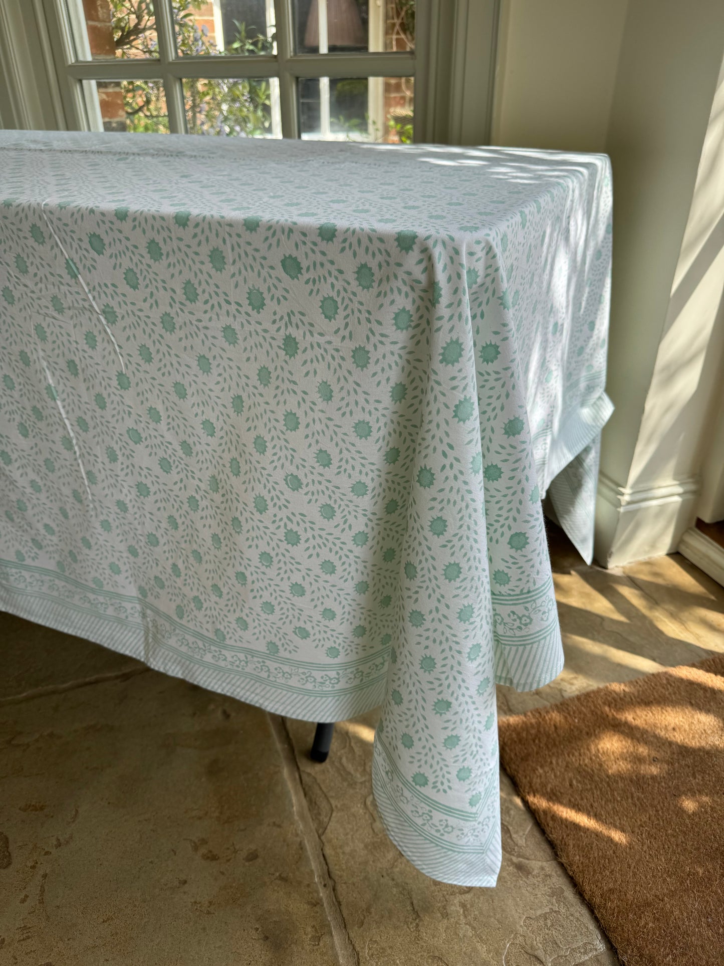 Green Trellis Hand Block Printed Tablecloth
