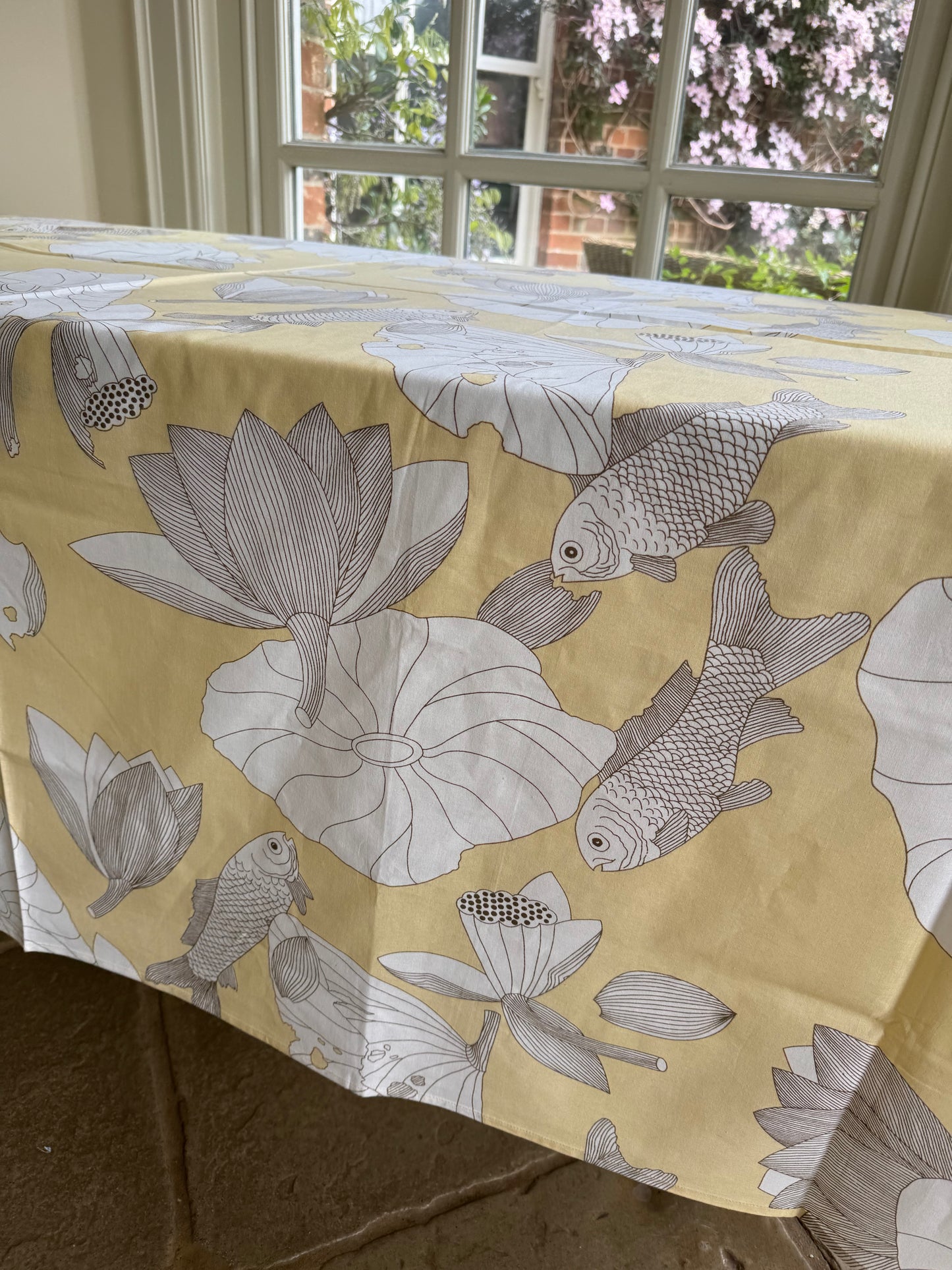 Pale Yellow Lily Pad & Fish Tablecloth
