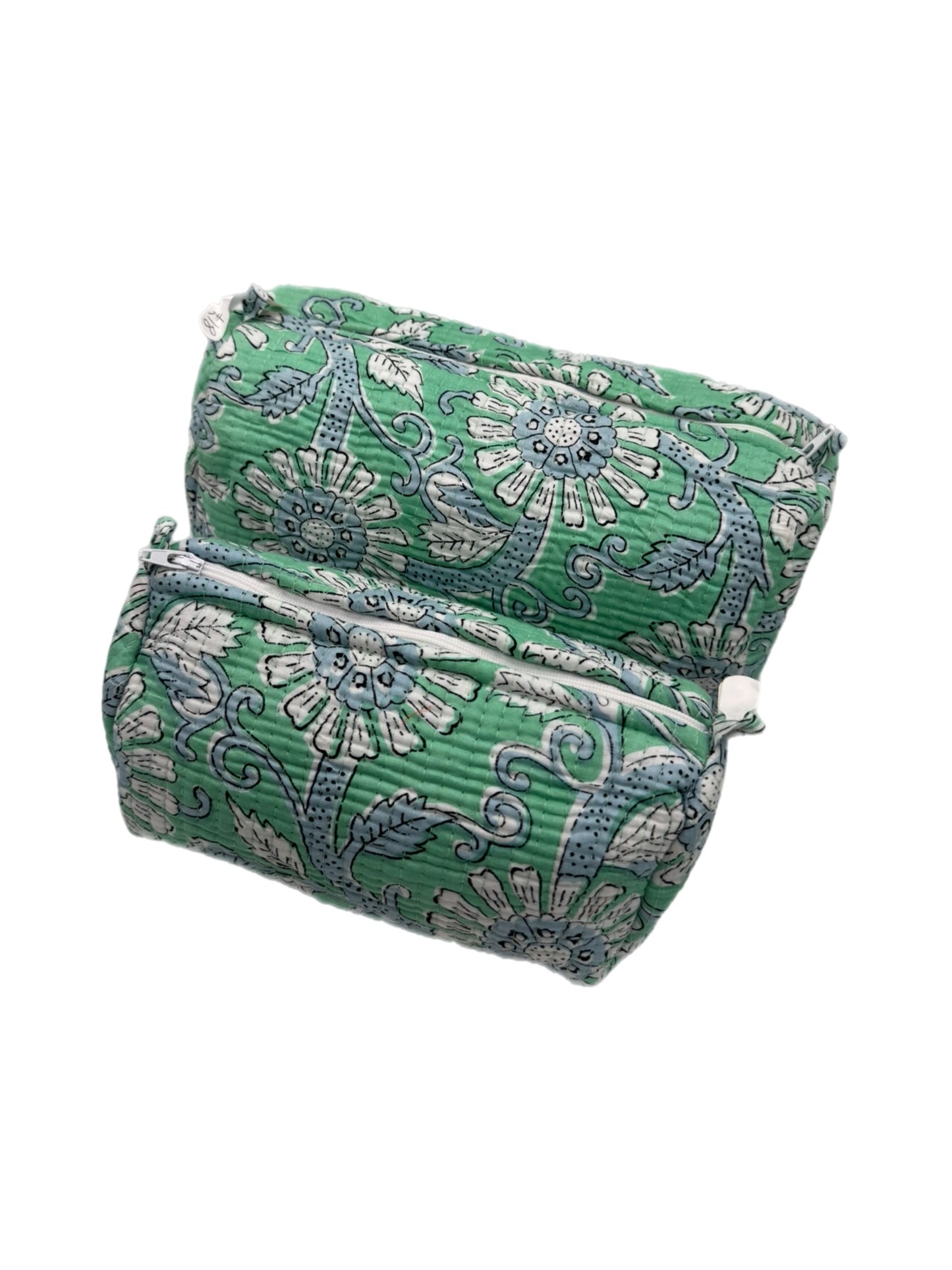 'Green Floral' Block Printed Sponge Bag/Washbag