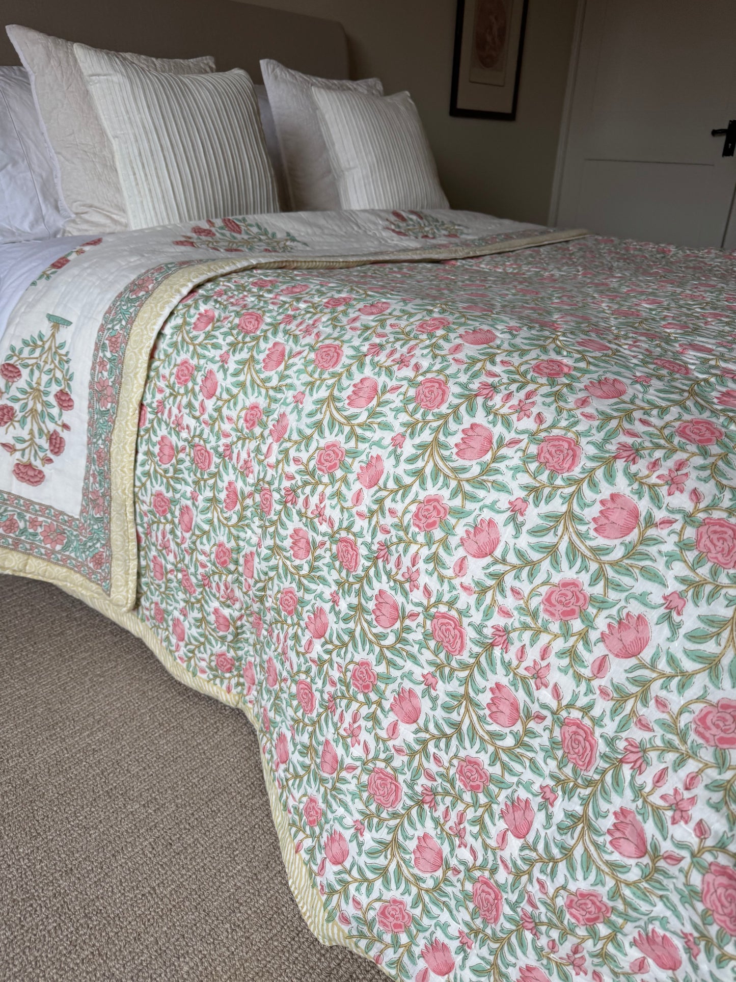 SAMPLE: Pale Turquoise & Red Shrub King Bedspread