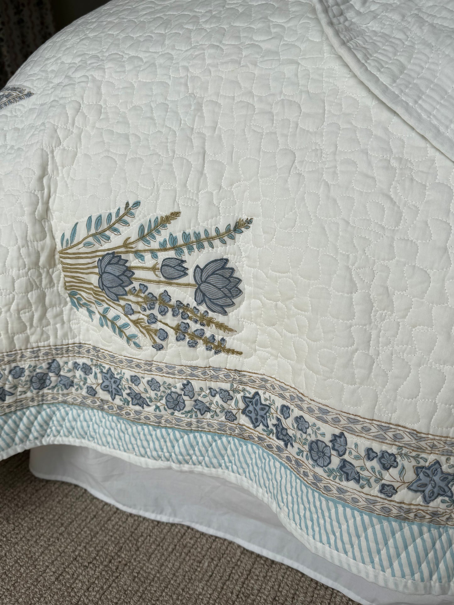 Blue Cypress and Foliage Hand Block-Printed Bedspread