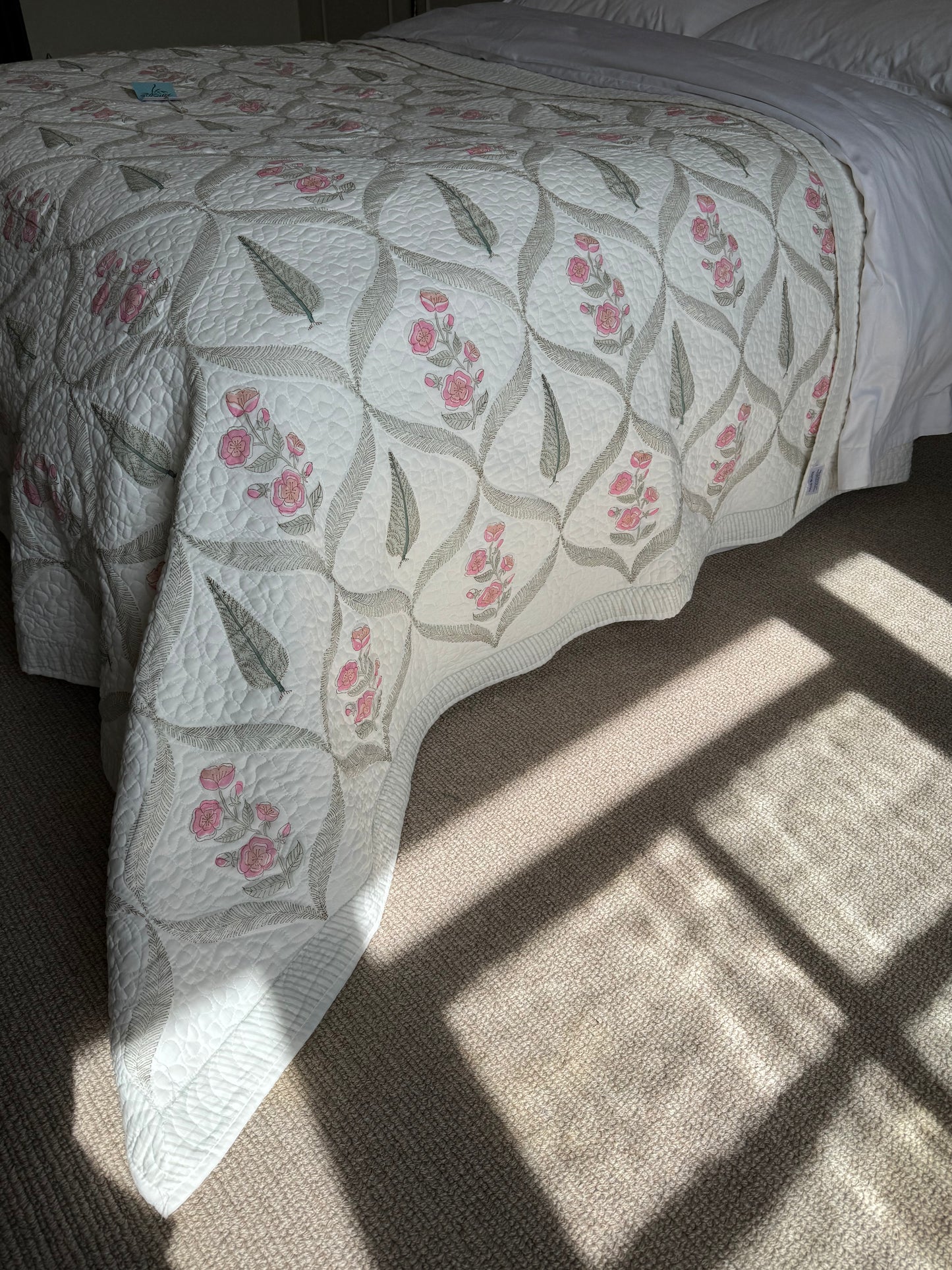 Cypress & Pink Foliage Hand Block-Printed Bedspread