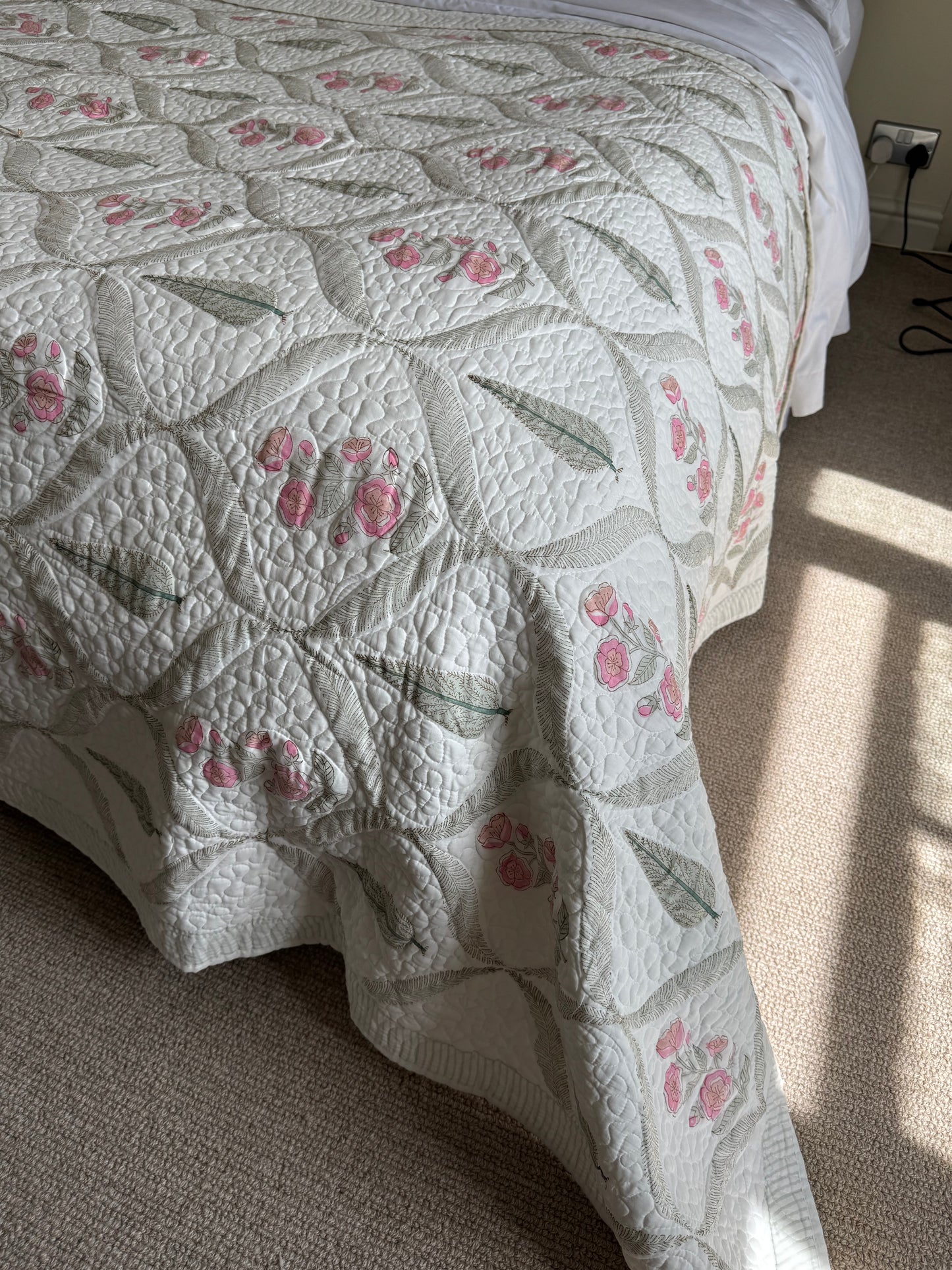 Cypress & Pink Foliage Hand Block-Printed Bedspread