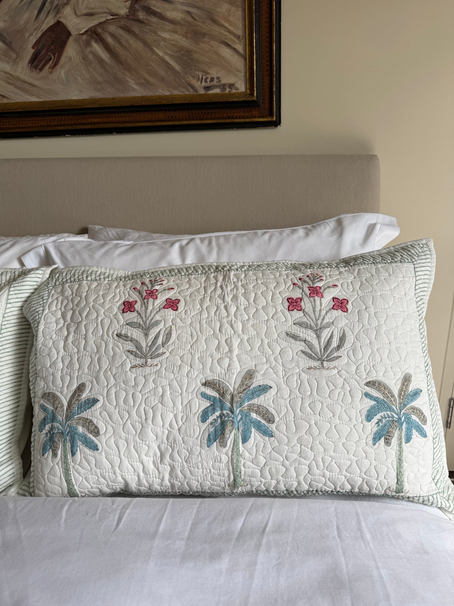 Blue Palmtree Quilted Hand Block Printed Pillowcase Pair