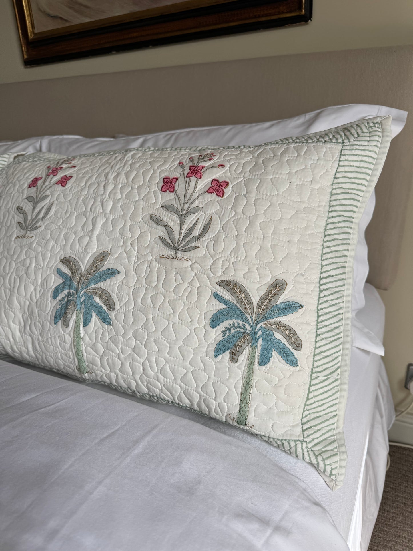 Blue Palmtree Quilted Hand Block Printed Pillowcase Pair