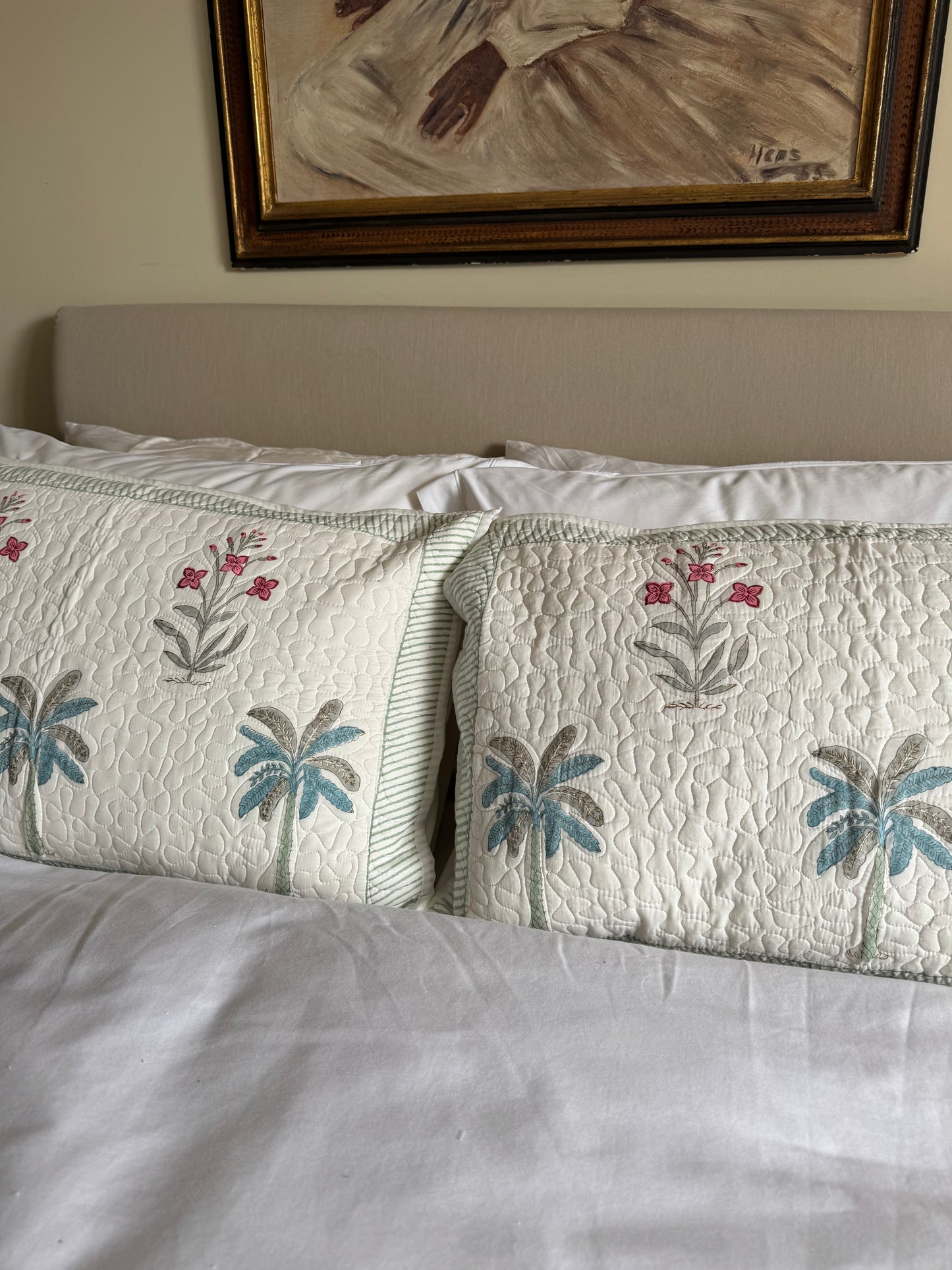 Blue Palmtree Quilted Hand Block Printed Pillowcase Pair
