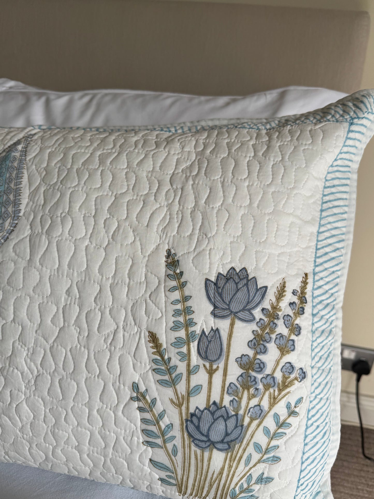 Blue Cypress & Shrubs Quilted Hand Block Printed Pillowcase Pair