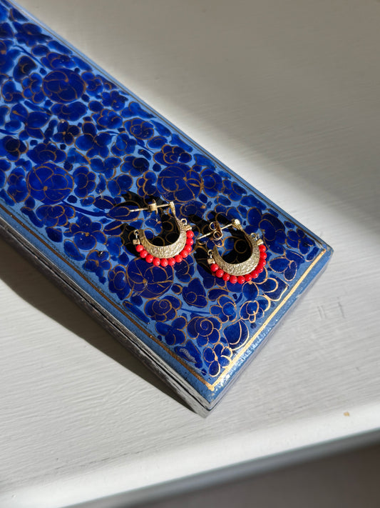 Gemstone Cresent Hoop Earrings - Red