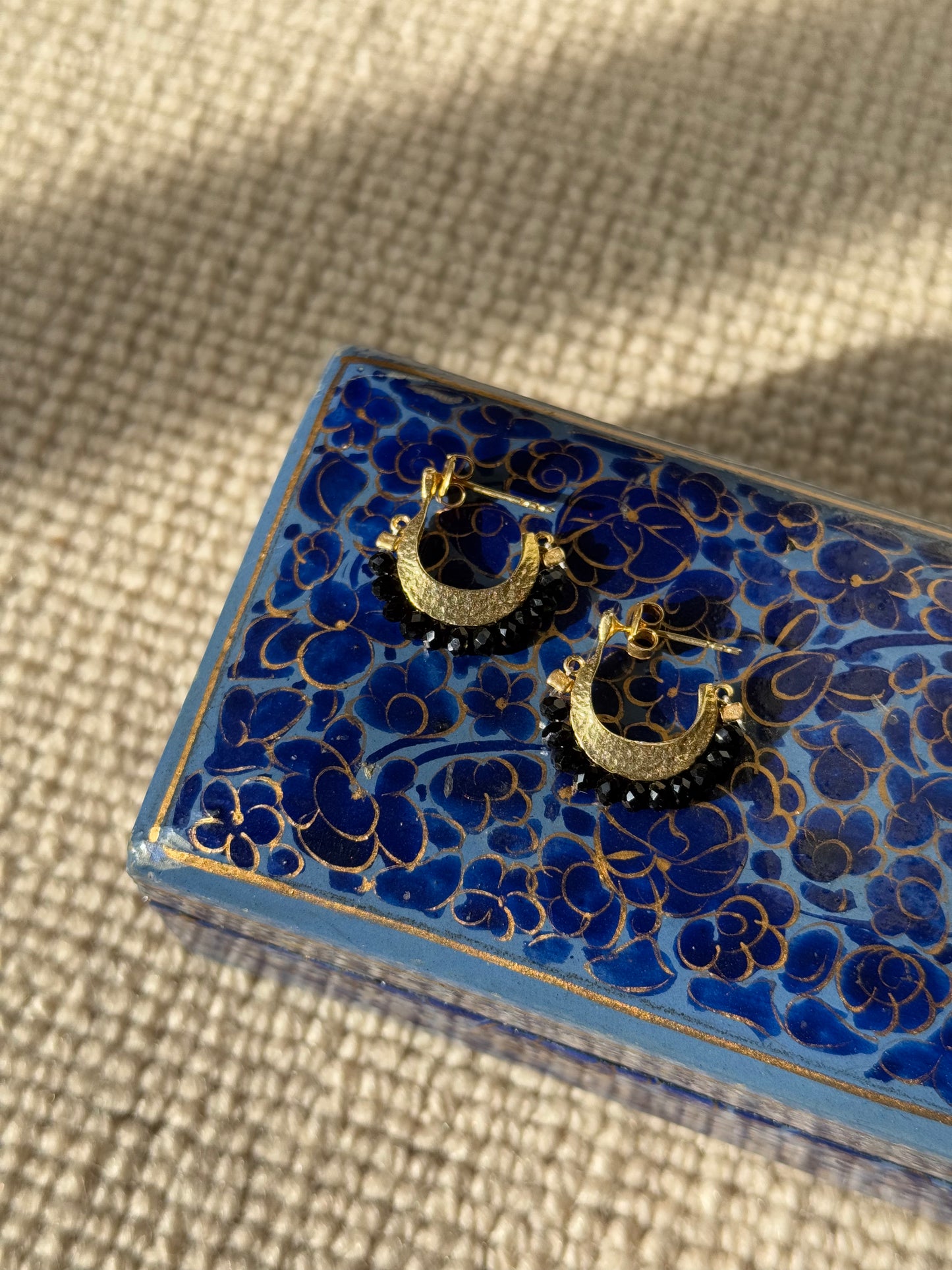 Gemstone Cresent Hoop Earrings - Black