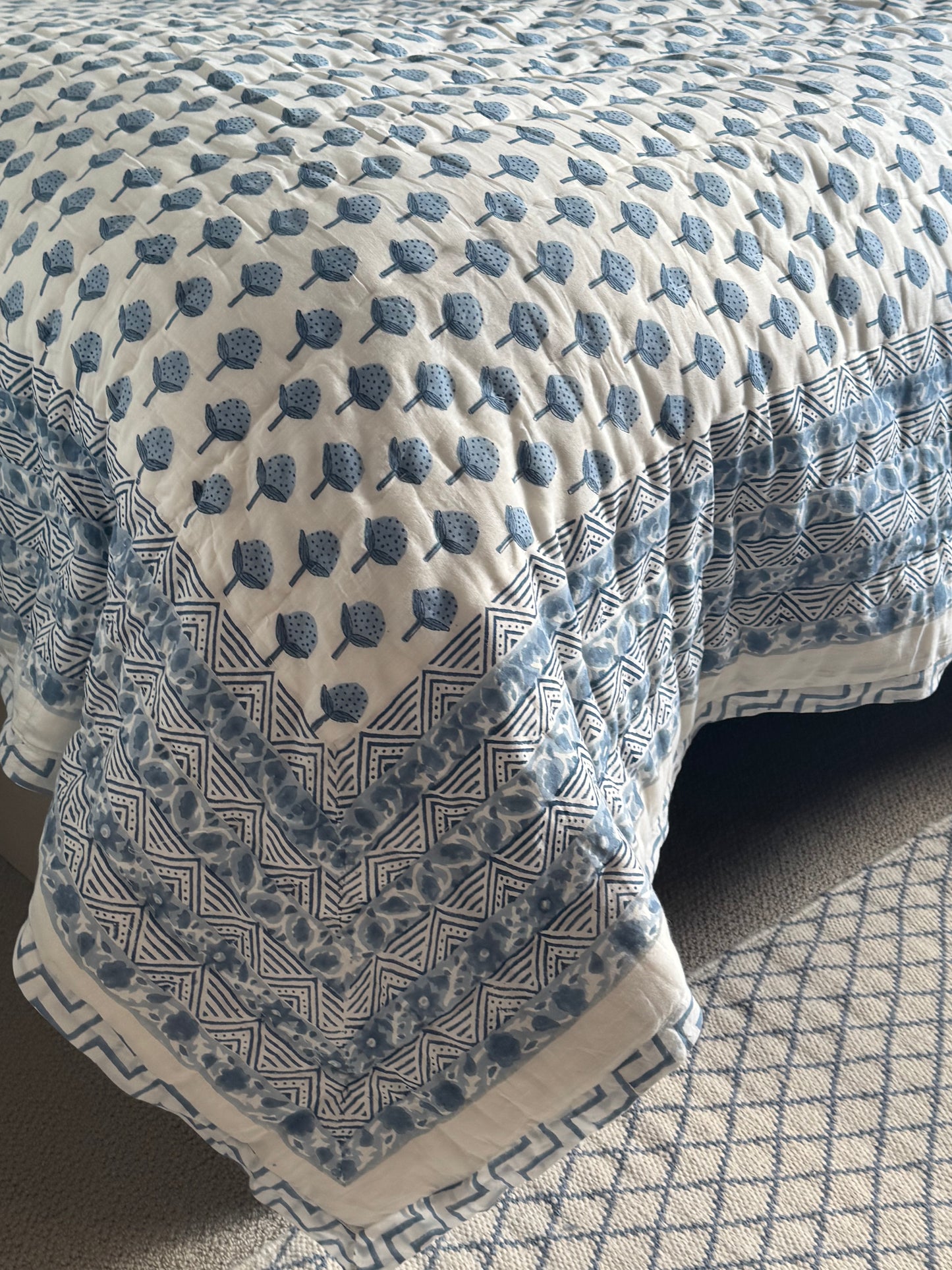 Blue Strawberry Hand Block-Printed Bedspread