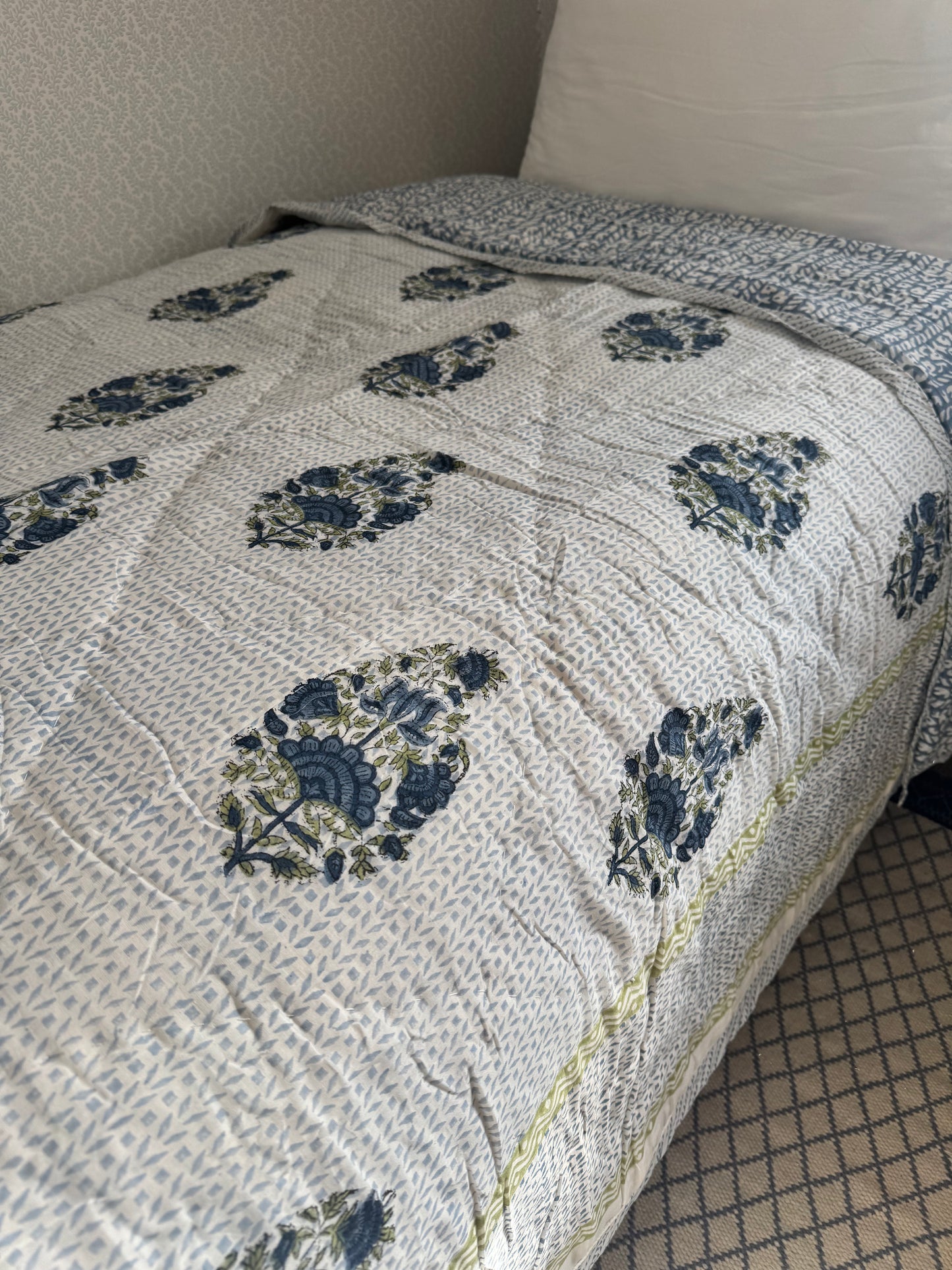 Blue Foliage & Tree Hand Block-Printed Single Bedspread