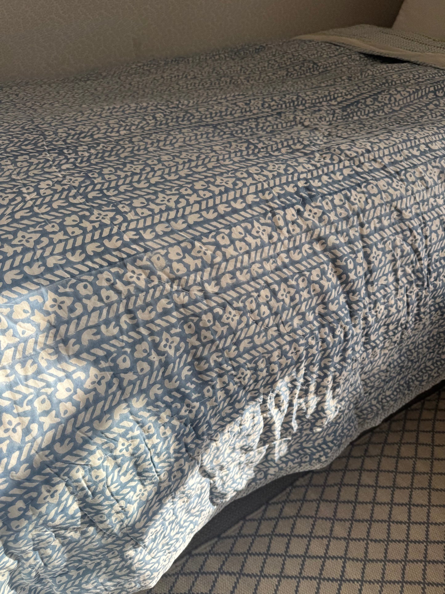 Blue Foliage & Tree Hand Block-Printed Single Bedspread