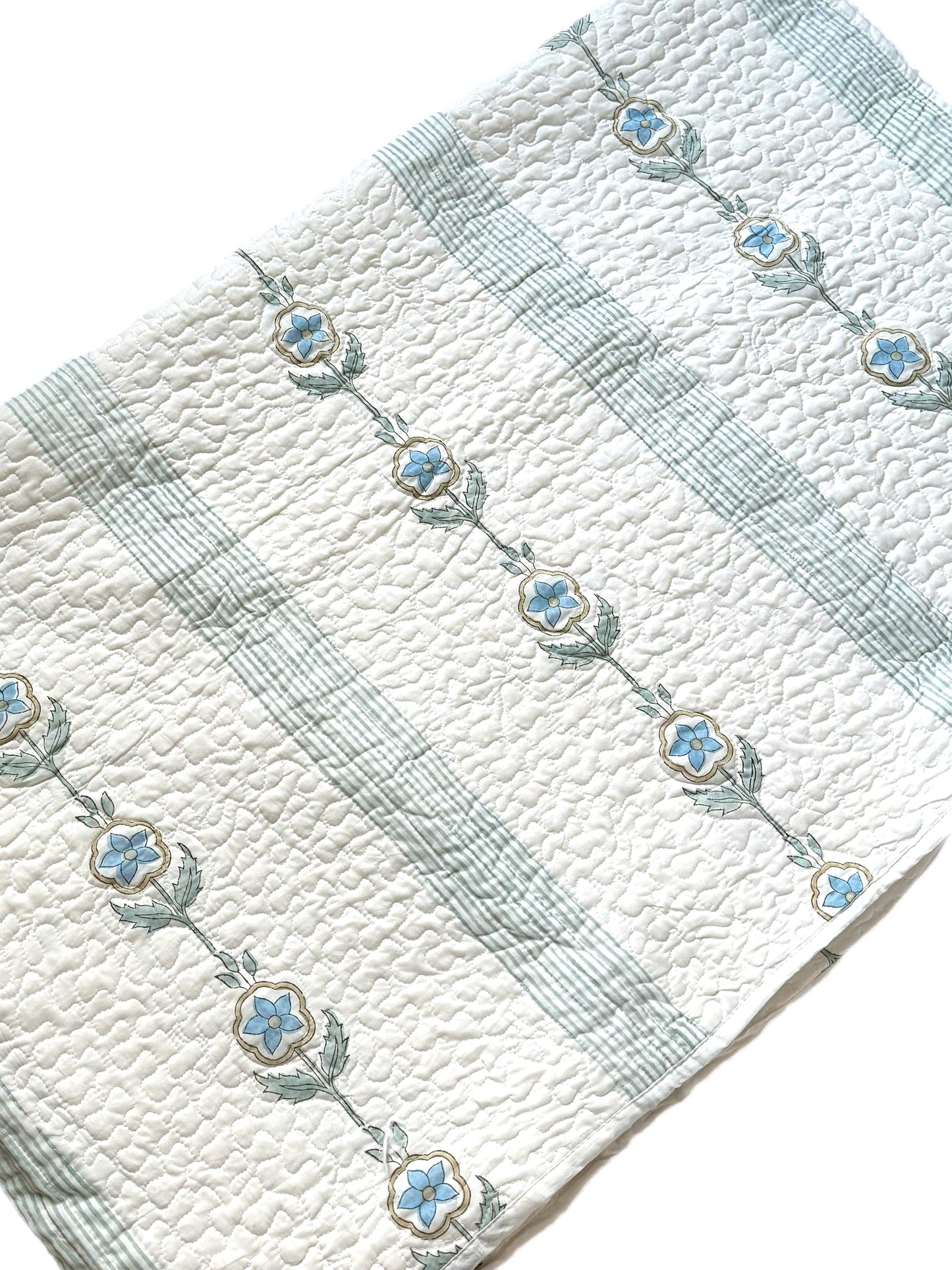 Blue Flower Trail Hand Block-Printed Bedspread