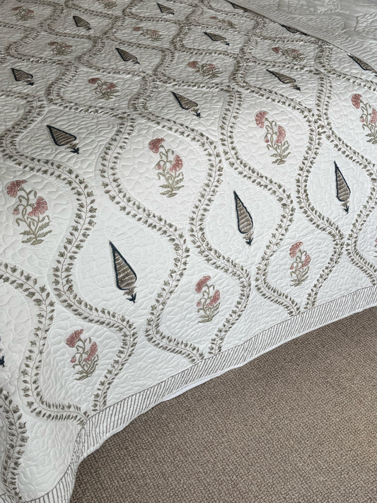 Navy and Pink Cypress Hand Block-Printed Bedspread