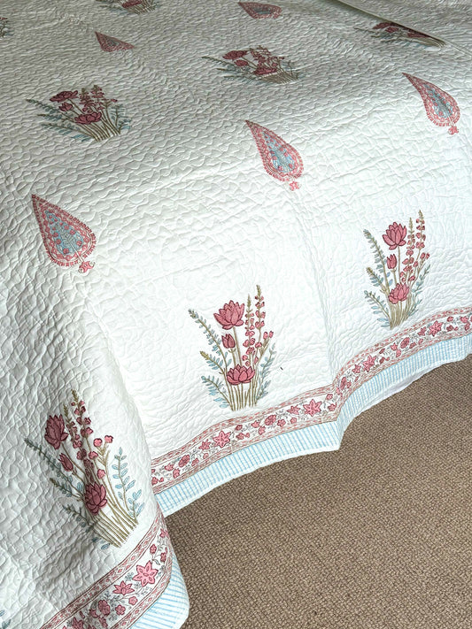 Pink Cypress and Foliage Hand Block-Printed Bedspread