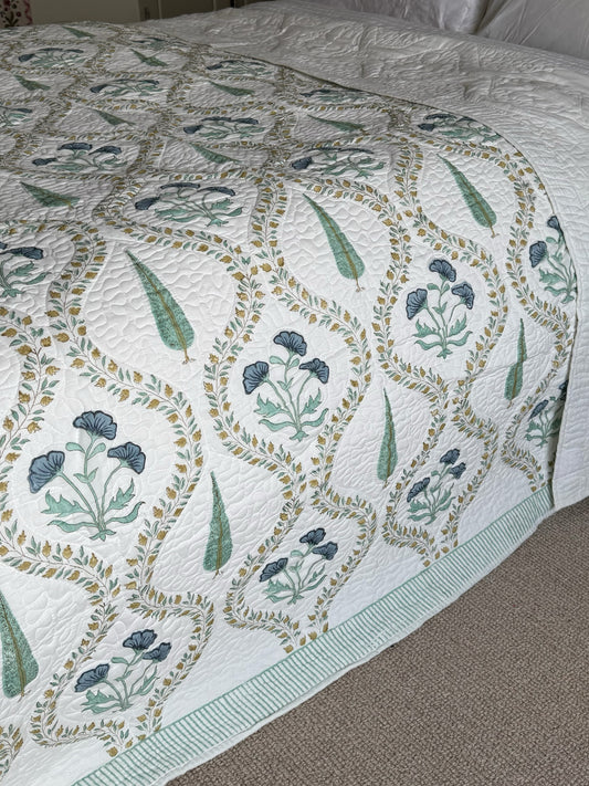 Turquoise Cypress Hand Block-Printed Bedspread
