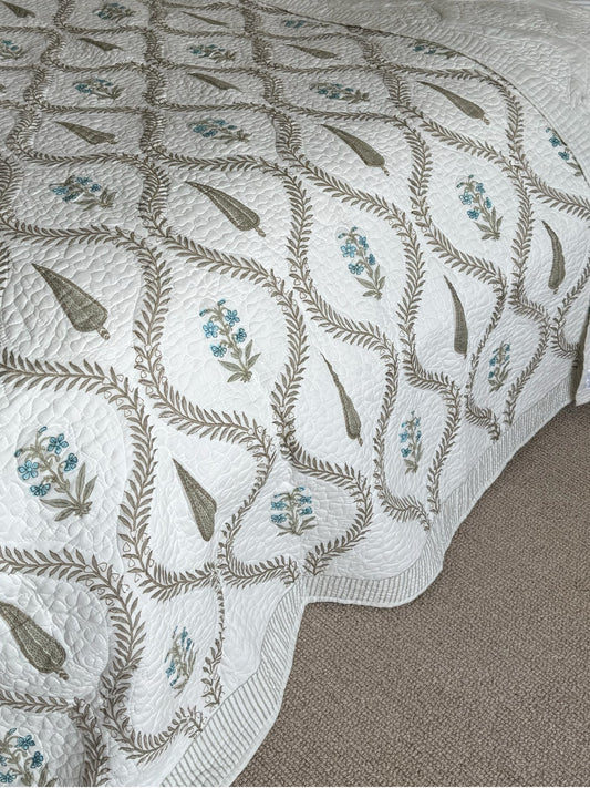 Blue Foliage and Cypress Hand Block-Printed Bedspread