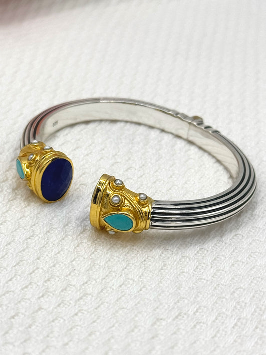 Silver & Gold Plated Lapis Lazuli, Pearl and Turquoise Jewelled Bangle