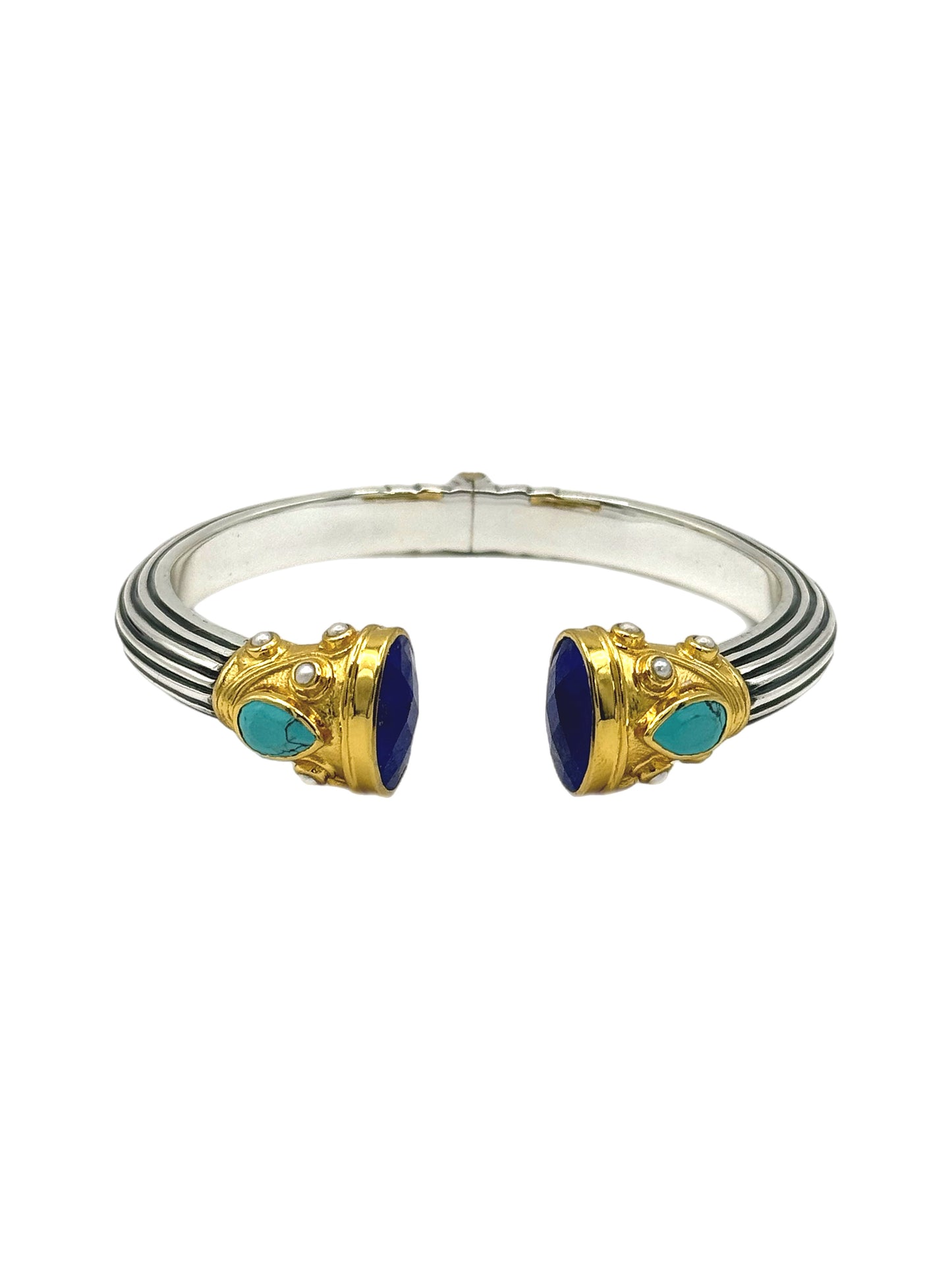 Silver & Gold Plated Lapis Lazuli, Pearl and Turquoise Jewelled Bangle