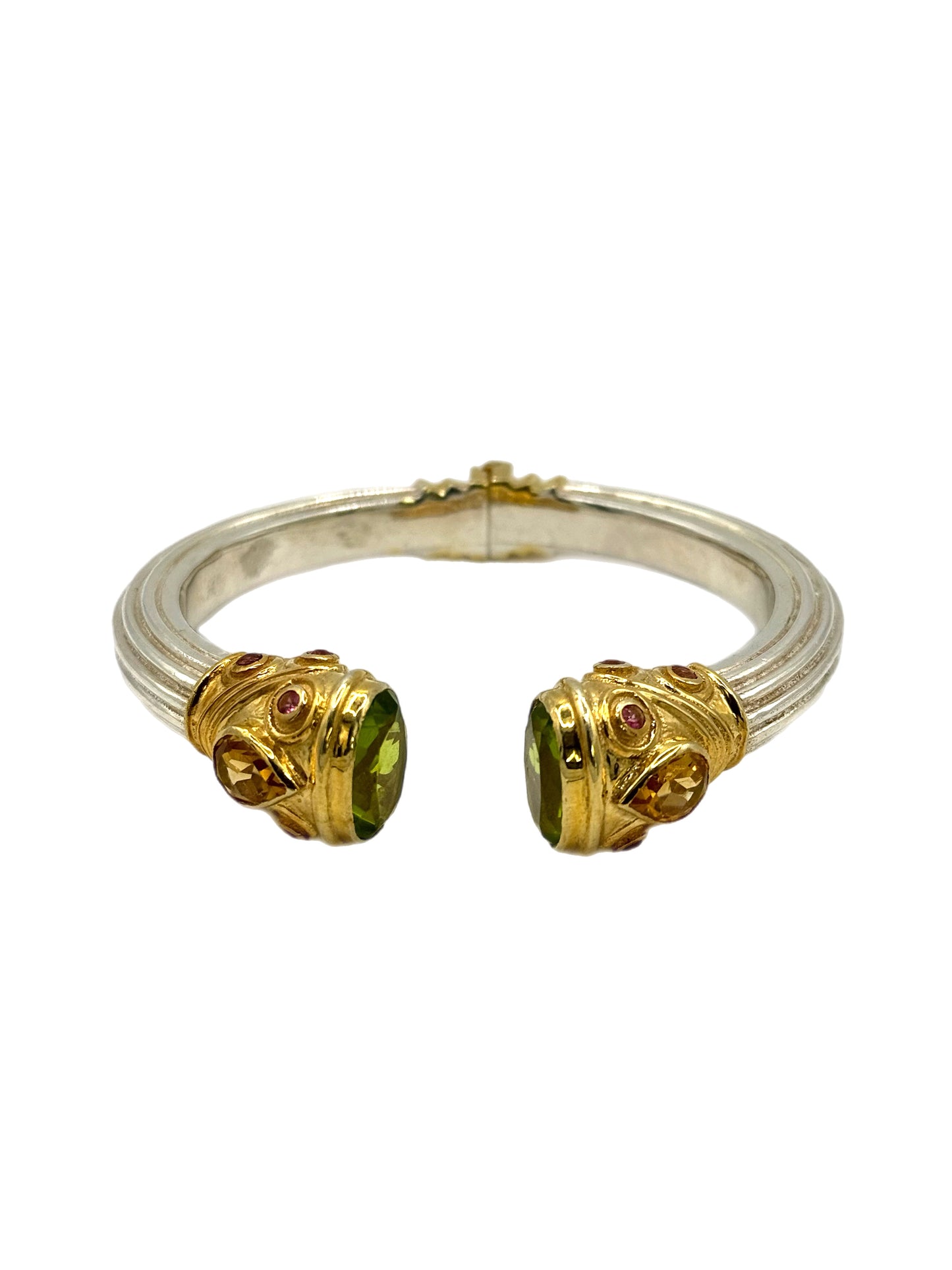 Silver & Gold Plated Peridot, Pink Topaz and Citrine Jewelled Bangle
