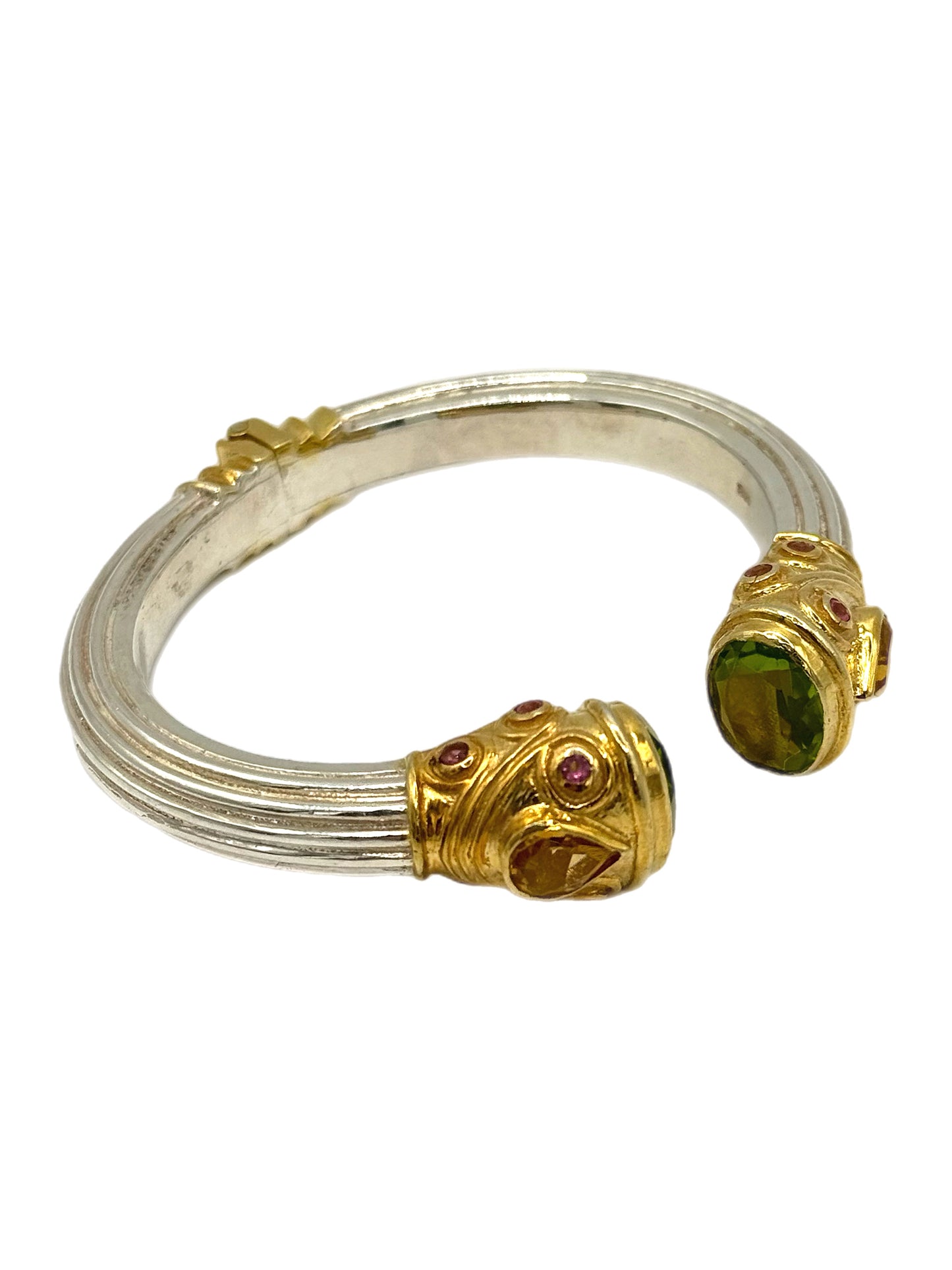 Silver & Gold Plated Peridot, Pink Topaz and Citrine Jewelled Bangle