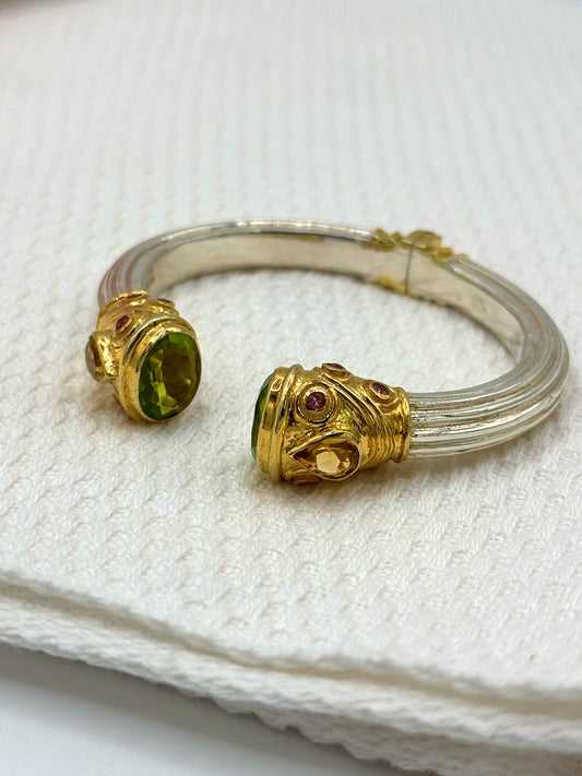 Silver & Gold Plated Peridot, Pink Topaz and Citrine Jewelled Bangle