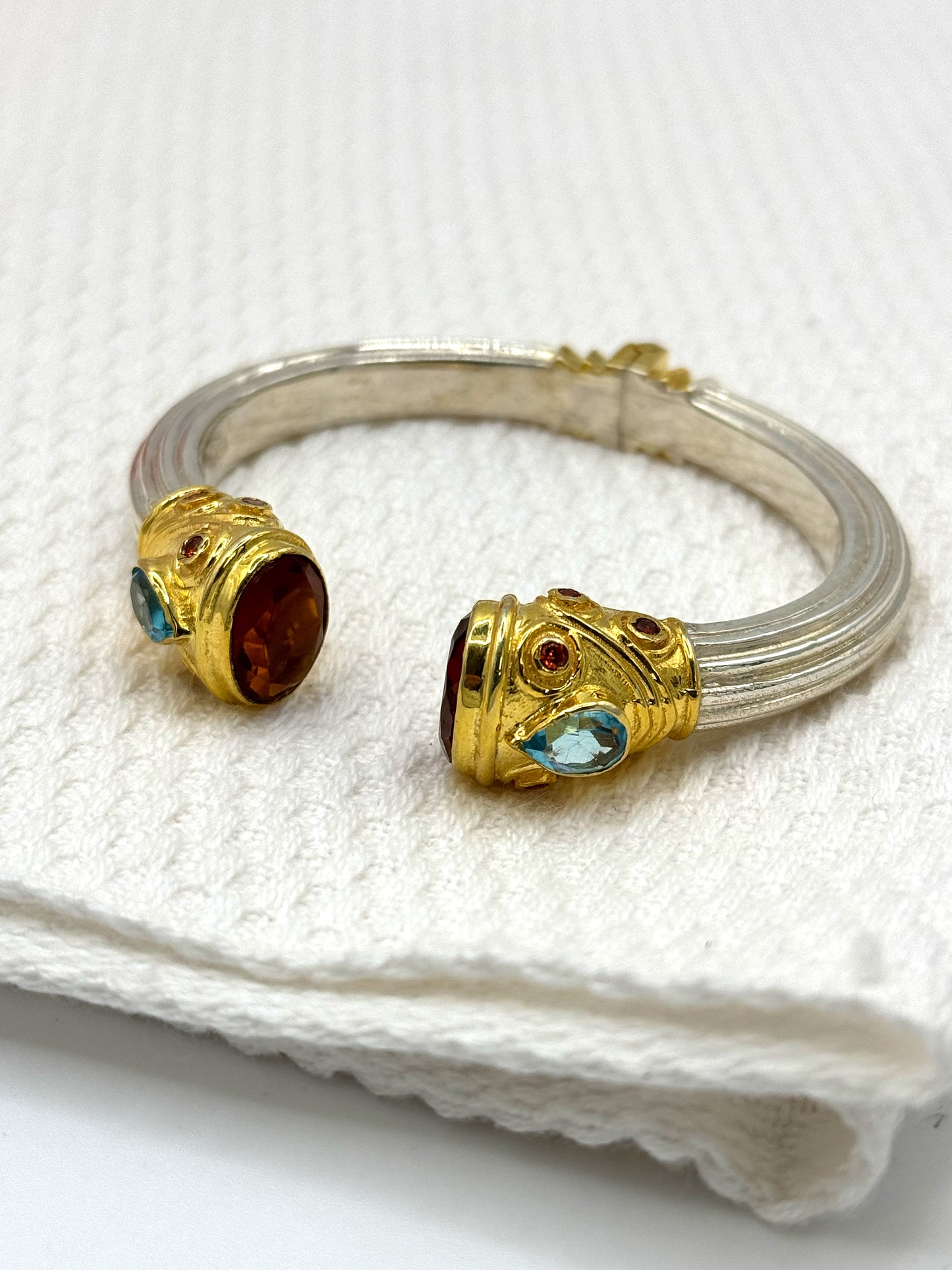 Silver & Gold Orange Topaz and Blue Topaz Jewelled Bangle