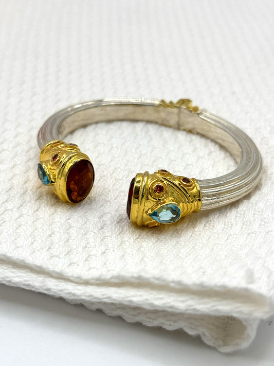 Silver & Gold Orange Topaz and Blue Topaz Jewelled Bangle