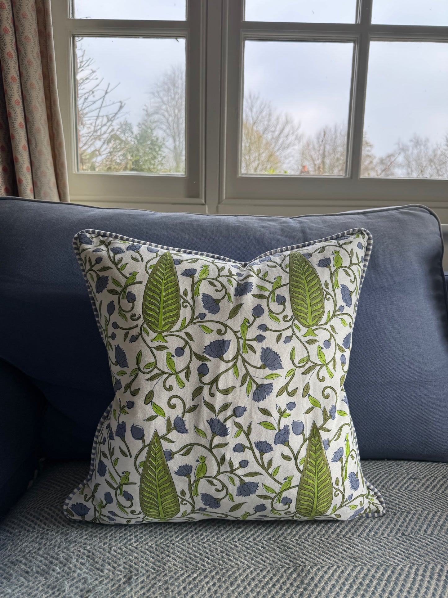 Bird & Foliage Hand Block Print Cushion