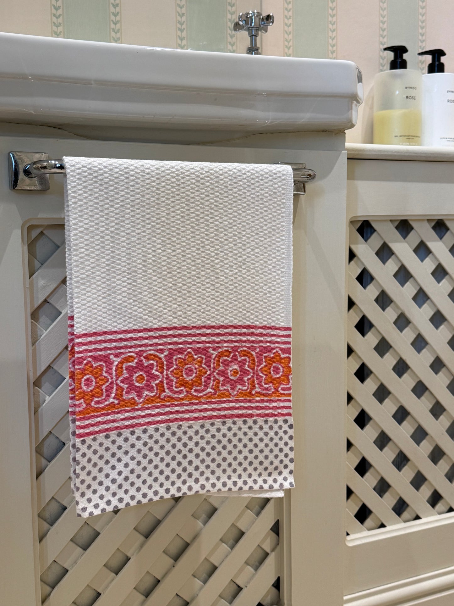 Pink and Orange Flower Hand Block Printed Hand Towel