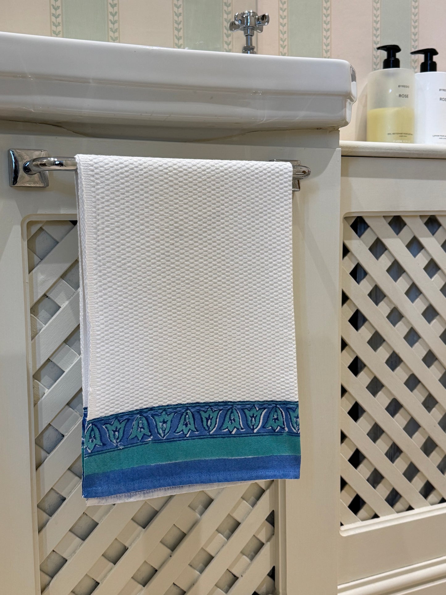 Blue and Green Flower Hand Block Printed Hand Towel