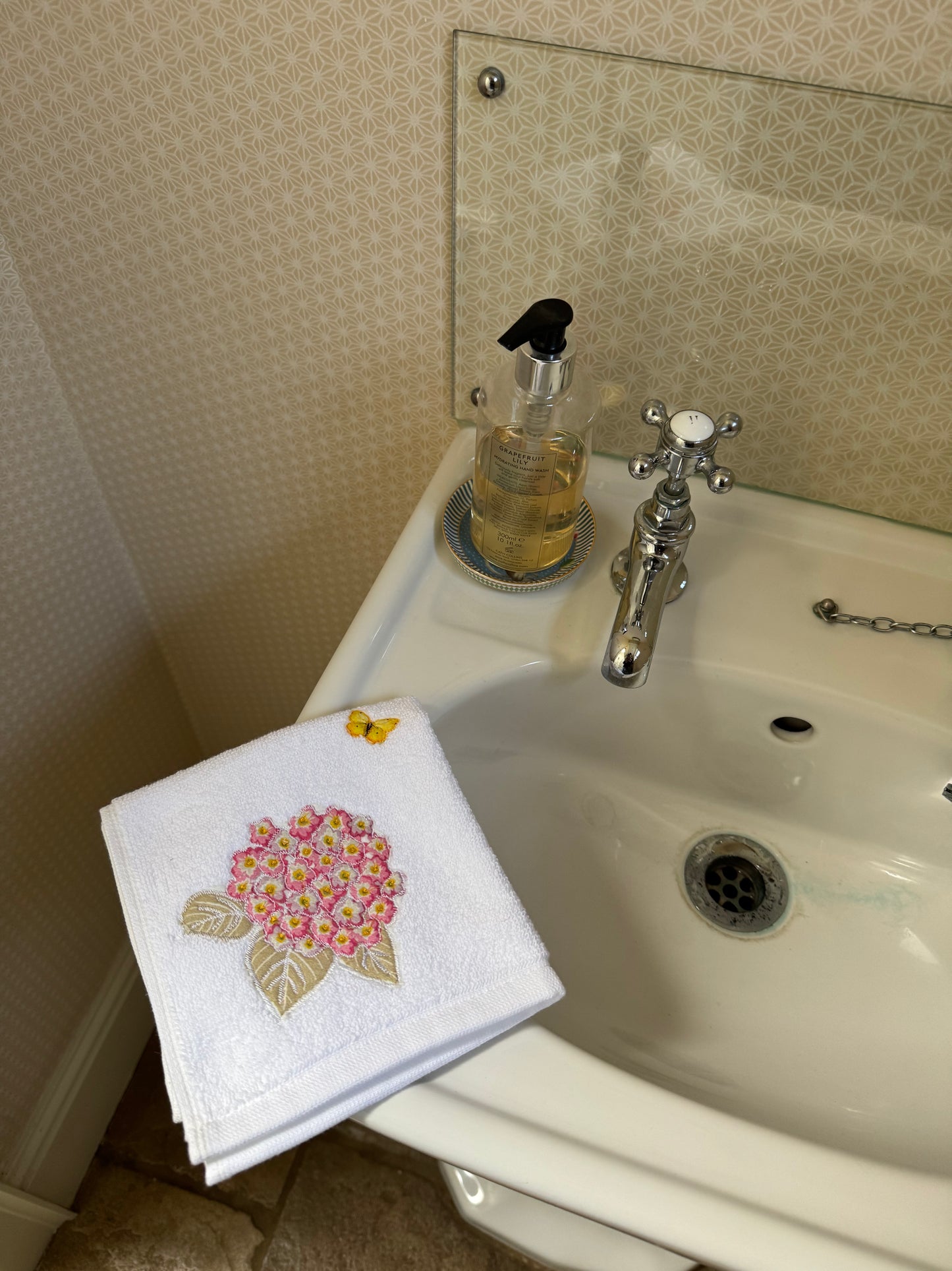 Pink Hydrangea and Butterfly Embroidered Face Cloth