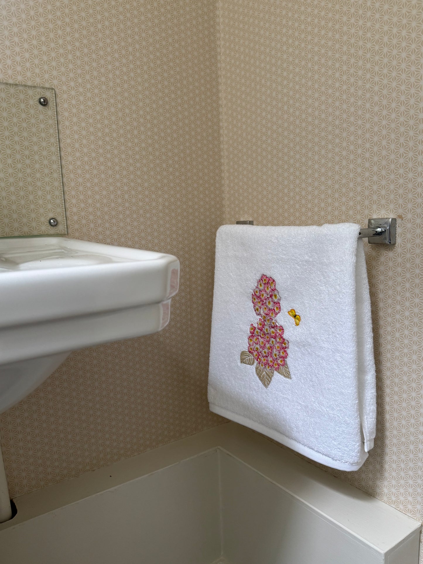 Pink Hydrangea and Butterfly Embroidered Hand Towel