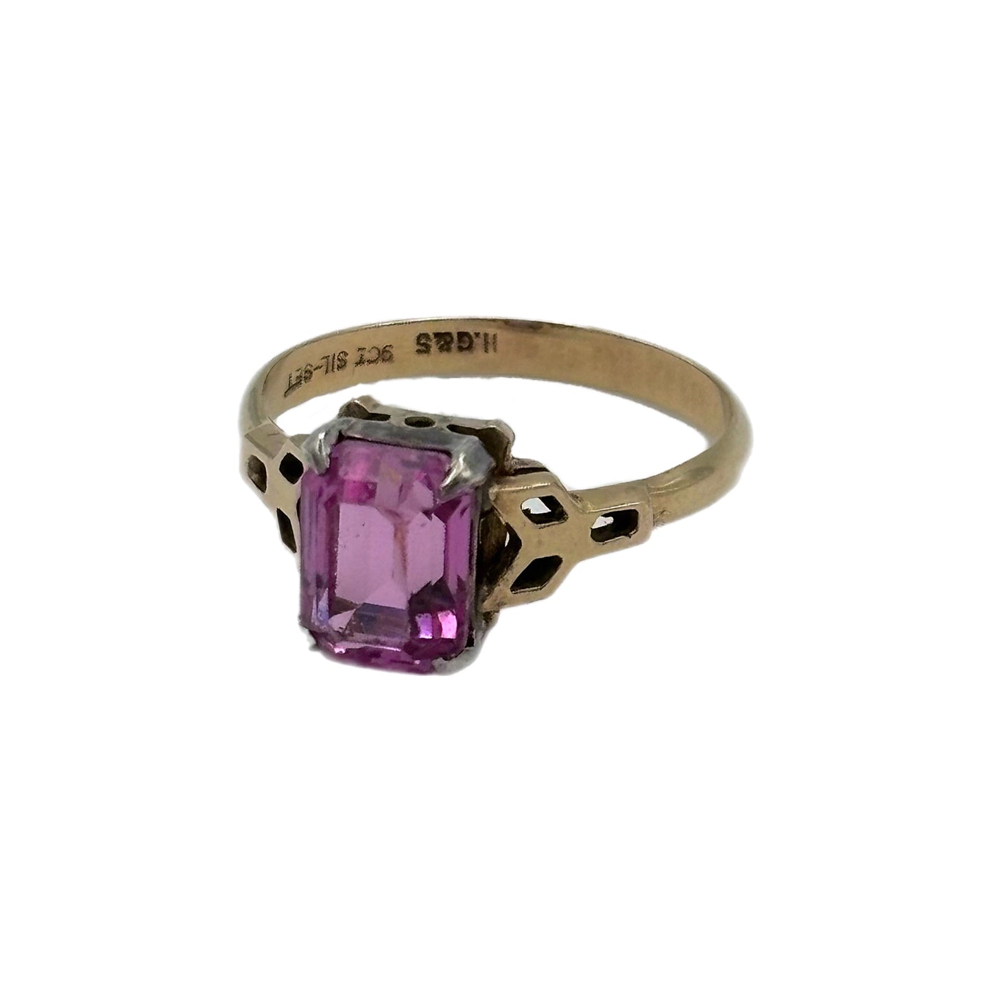 9ct Gold Emerald Cut Pink Stone Ring