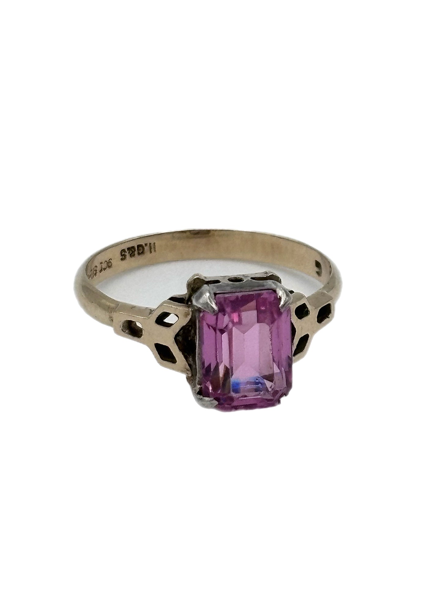 9ct Gold Emerald Cut Pink Stone Ring