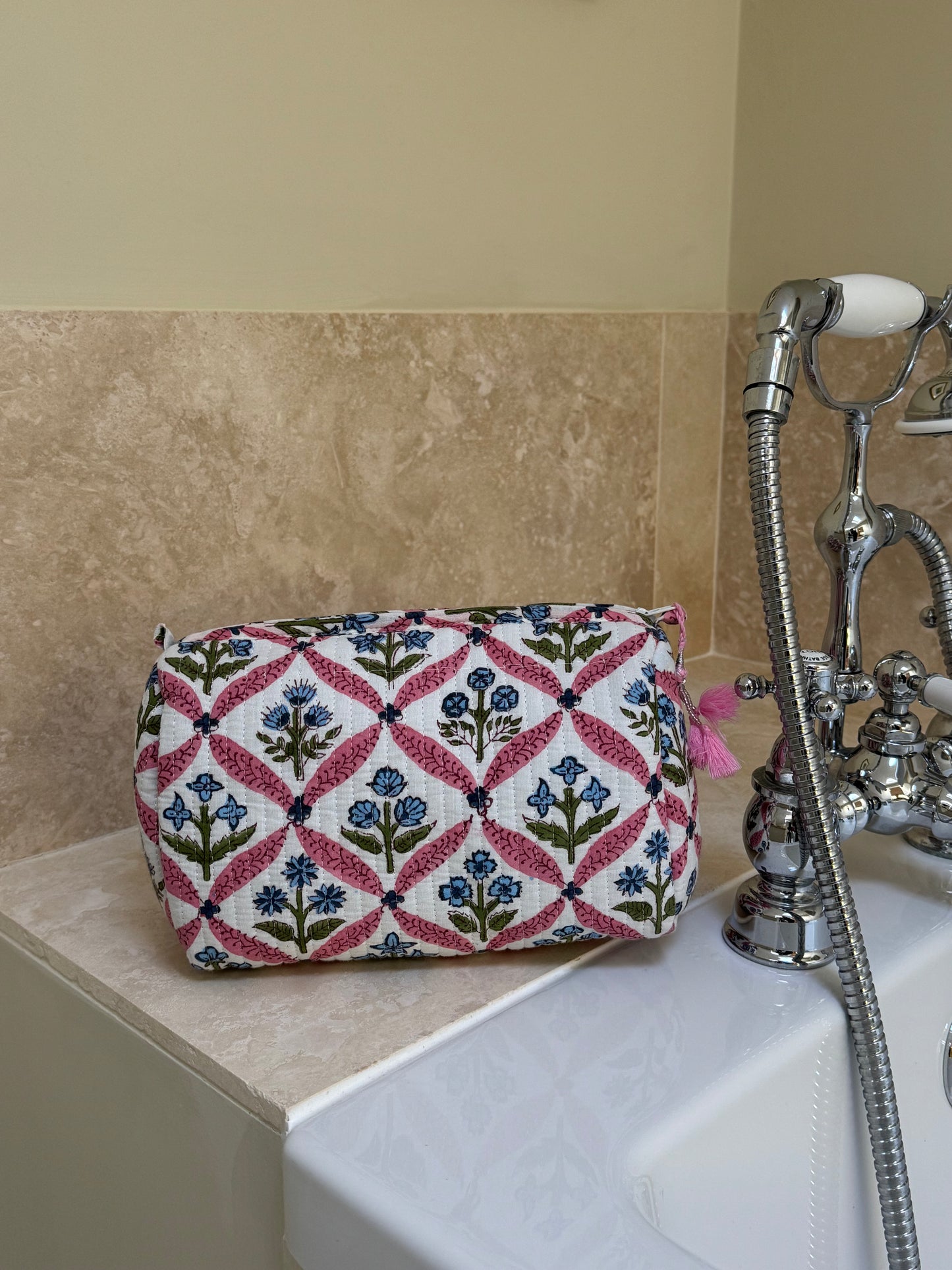 'Pink Trellis' Block Printed Sponge Bag/Washbag